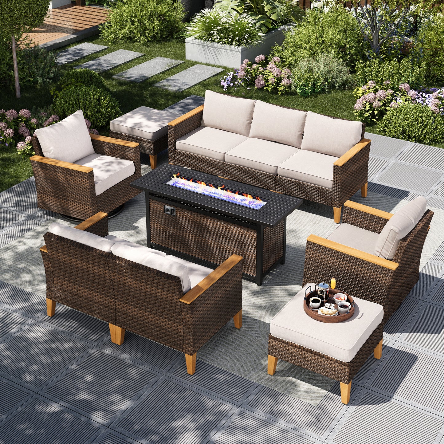 Captiva Designs 10pc Wicker Outdoor Patio Rattan Sectional Conversation Sofa Set with Fire Pit Table and Cushioned Ottoman
