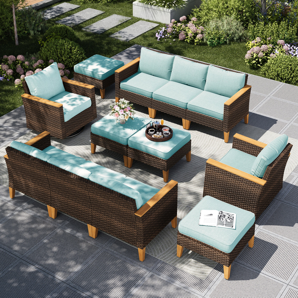 Captiva Designs 12pc Wicker Outdoor Patio Rattan Sectional Conversation Set with Cushioned Ottoman