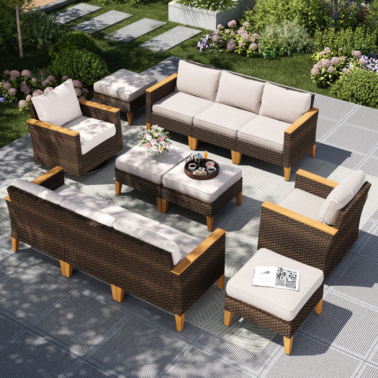 Captiva Designs 12pc Wicker Outdoor Patio Rattan Sectional Conversation Set with Cushioned Ottoman