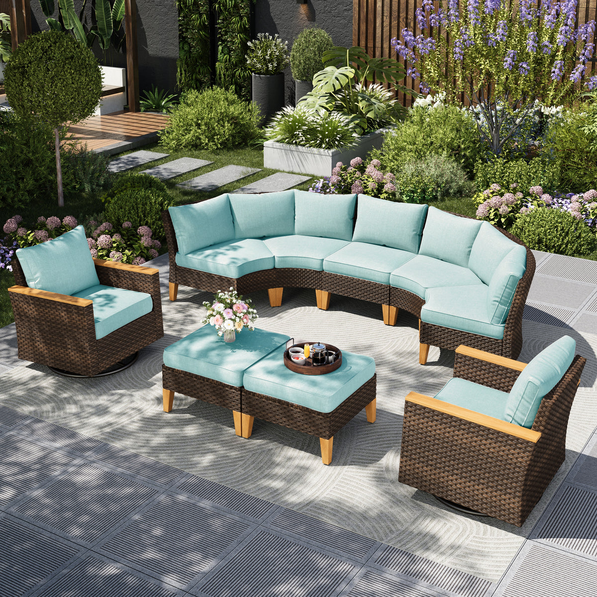 Captiva Designs 9pc Outdoor Wicker Rattan Patio Half-Moon Curved Sectional Sofa Conversation Set with Cushioned Ottoman