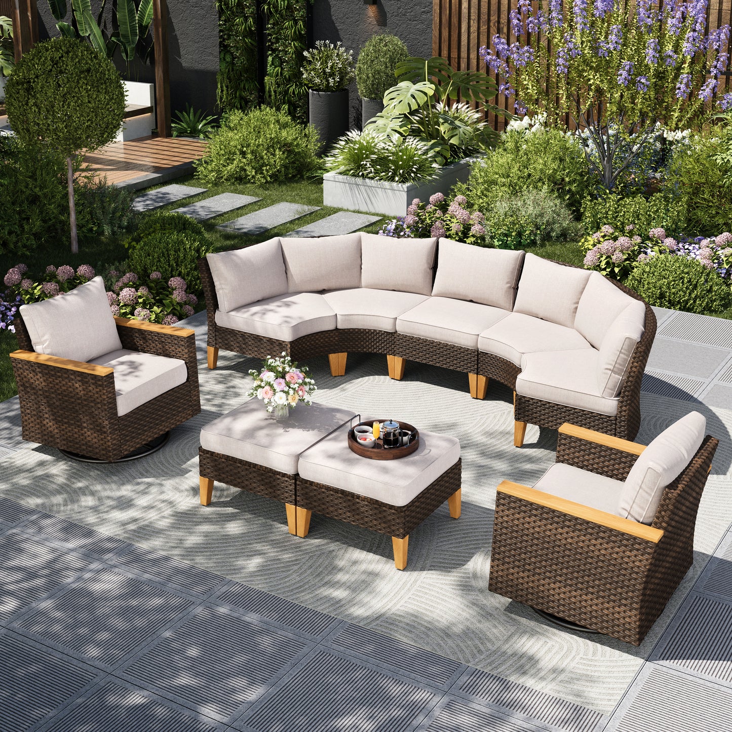 Captiva Designs 9pc Outdoor Wicker Rattan Patio Half-Moon Curved Sectional Sofa Conversation Set with Cushioned Ottoman
