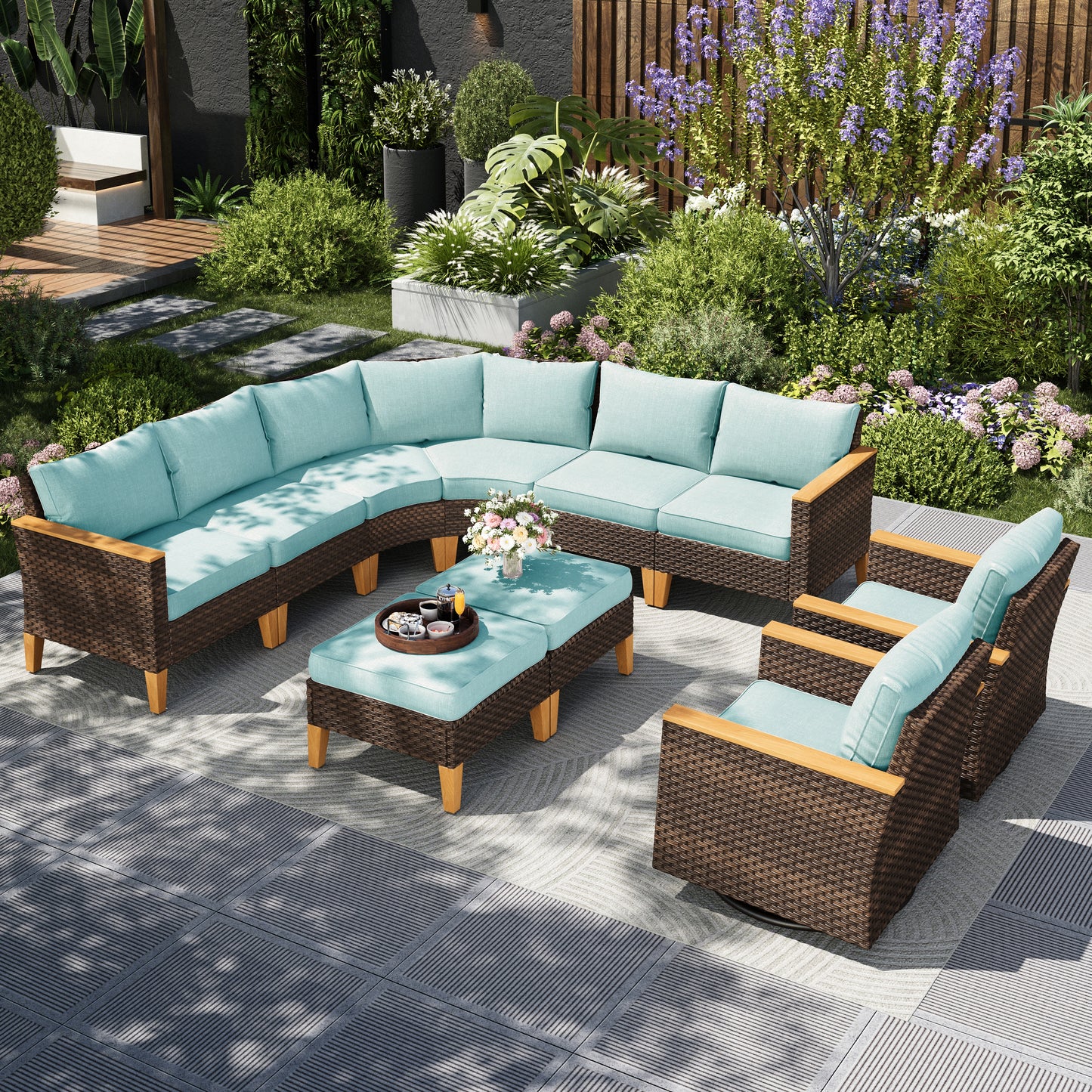 Captiva Designs 10pc Outdoor Wicker Rattan Patio Half-Moon Curved Sectional Sofa Set with Cushioned Ottoman