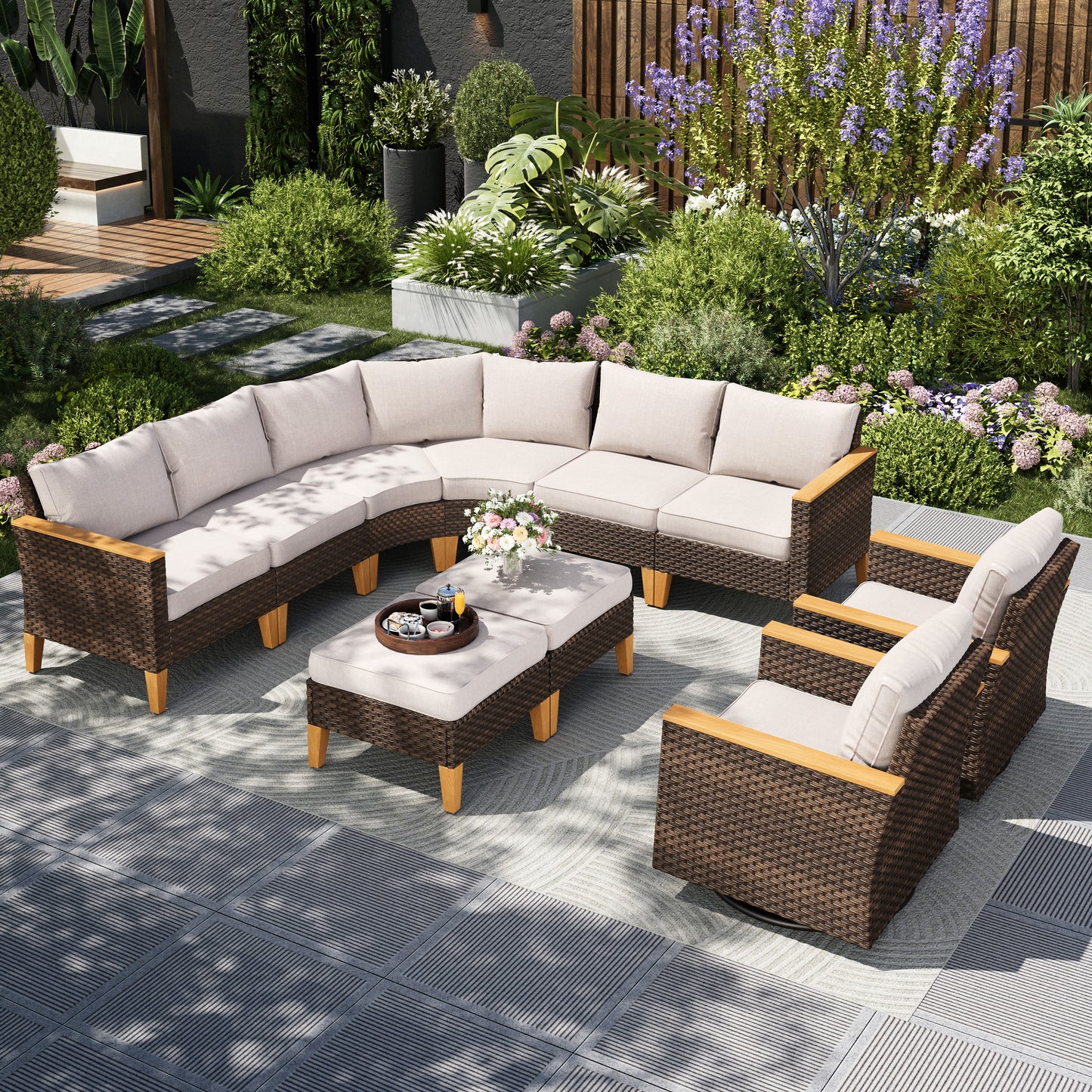 Captiva Designs 10pc Outdoor Wicker Rattan Patio Half-Moon Curved Sectional Sofa Set with Cushioned Ottoman