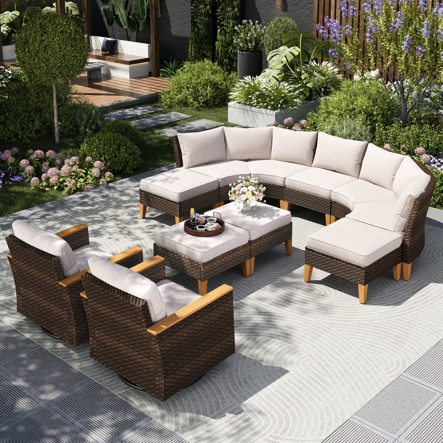 Captiva Designs 11pc Outdoor Wicker Rattan Patio Half-Moon Curved Sectional Sofa Conversation Set with Cushioned Ottoman