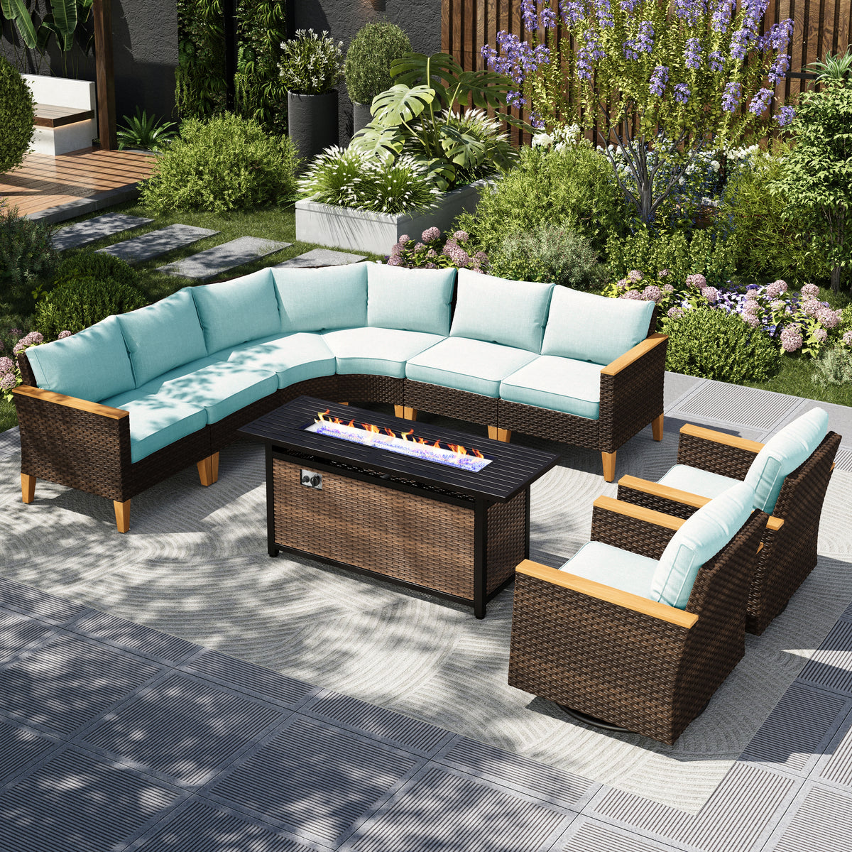 Captiva Designs 9pc Outdoor Wicker Rattan Patio Half-Moon Curved Sectional Sofa Conversation Set with  Fire Pit Table