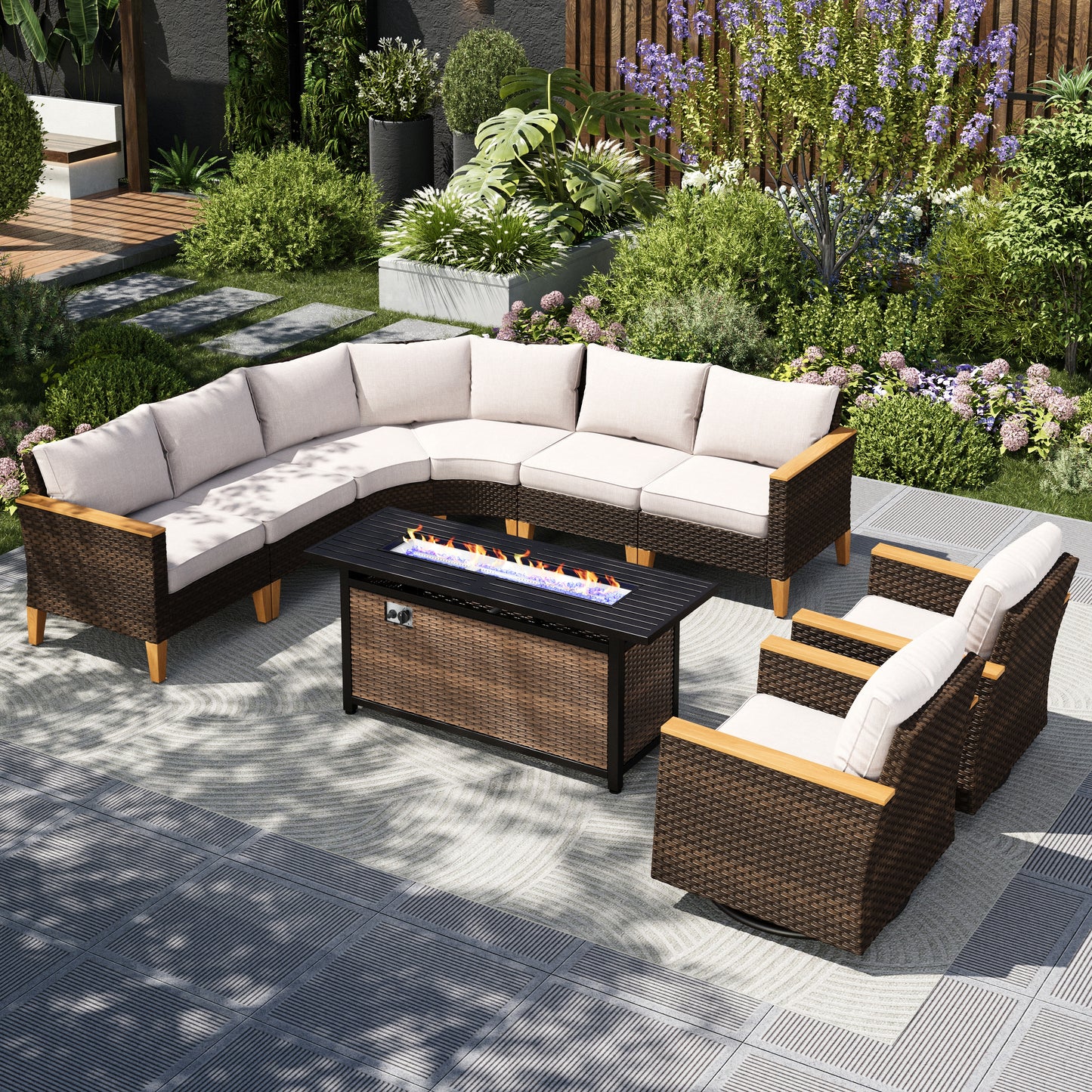 Captiva Designs 9pc Outdoor Wicker Rattan Patio Half-Moon Curved Sectional Sofa Conversation Set with  Fire Pit Table