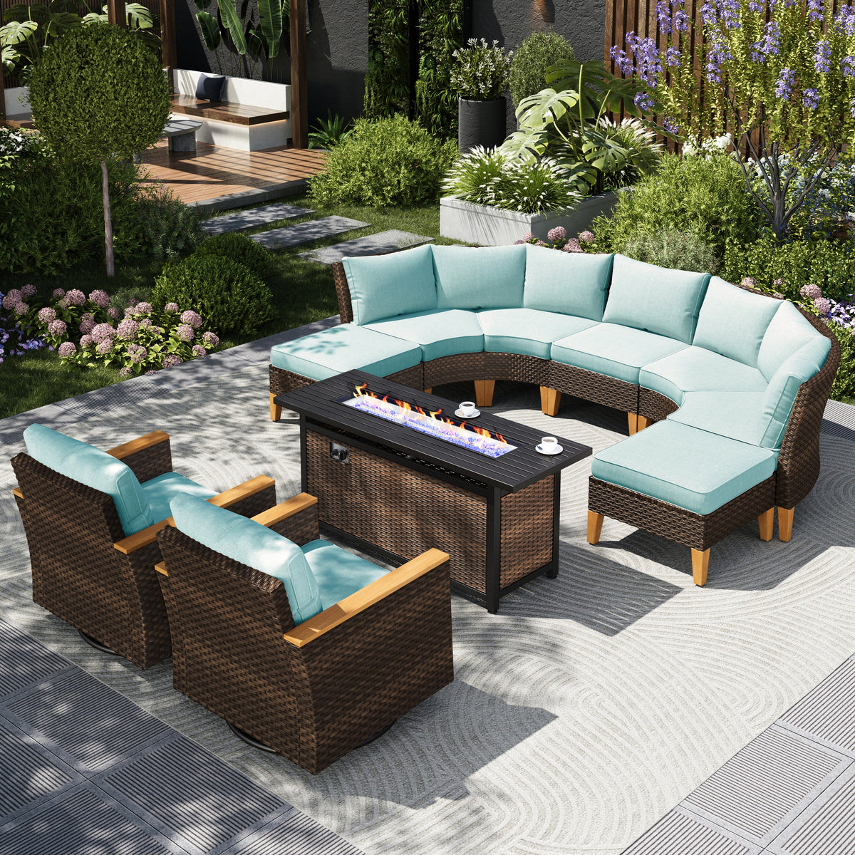 Captiva Designs 10pc Outdoor Wicker Rattan Patio Half-Moon Curved Sectional Sofa Conversation Set with  Fire Pit Table