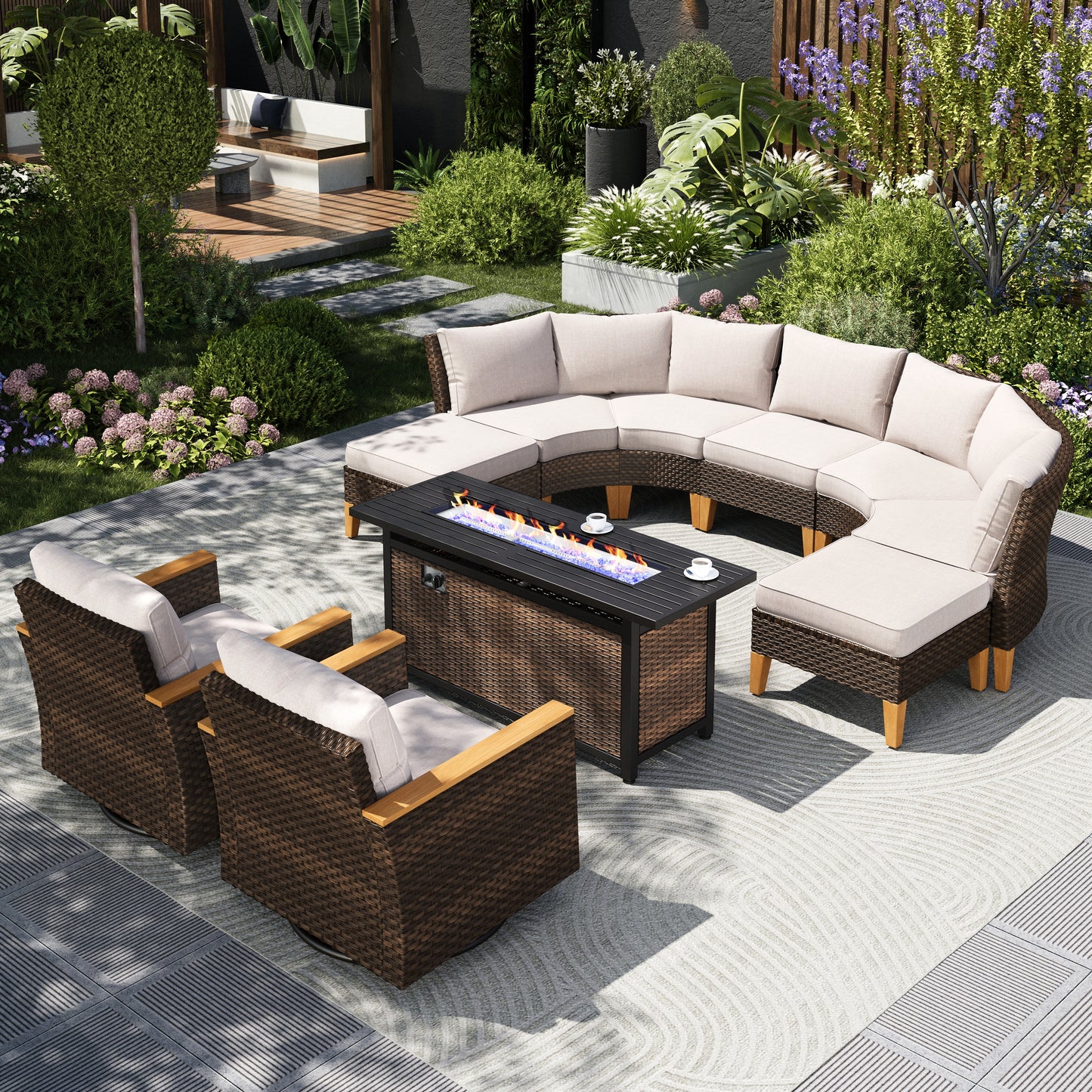 Captiva Designs 10pc Outdoor Wicker Rattan Patio Half-Moon Curved Sectional Sofa Conversation Set with  Fire Pit Table