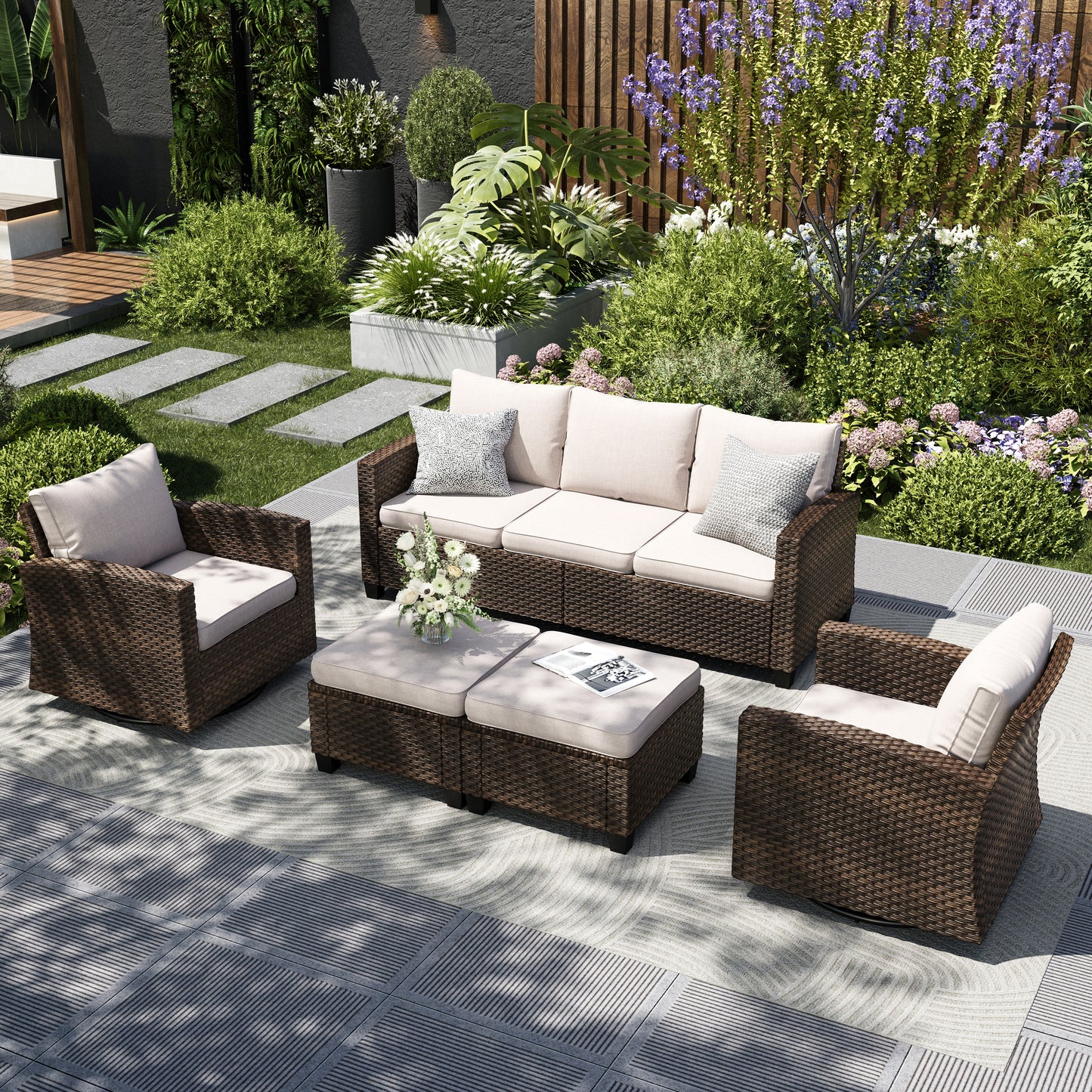 Captiva Designs 5 件套户外露台柳条会客套装，带软垫藤条旋转椅，适用于花园泳池边后院