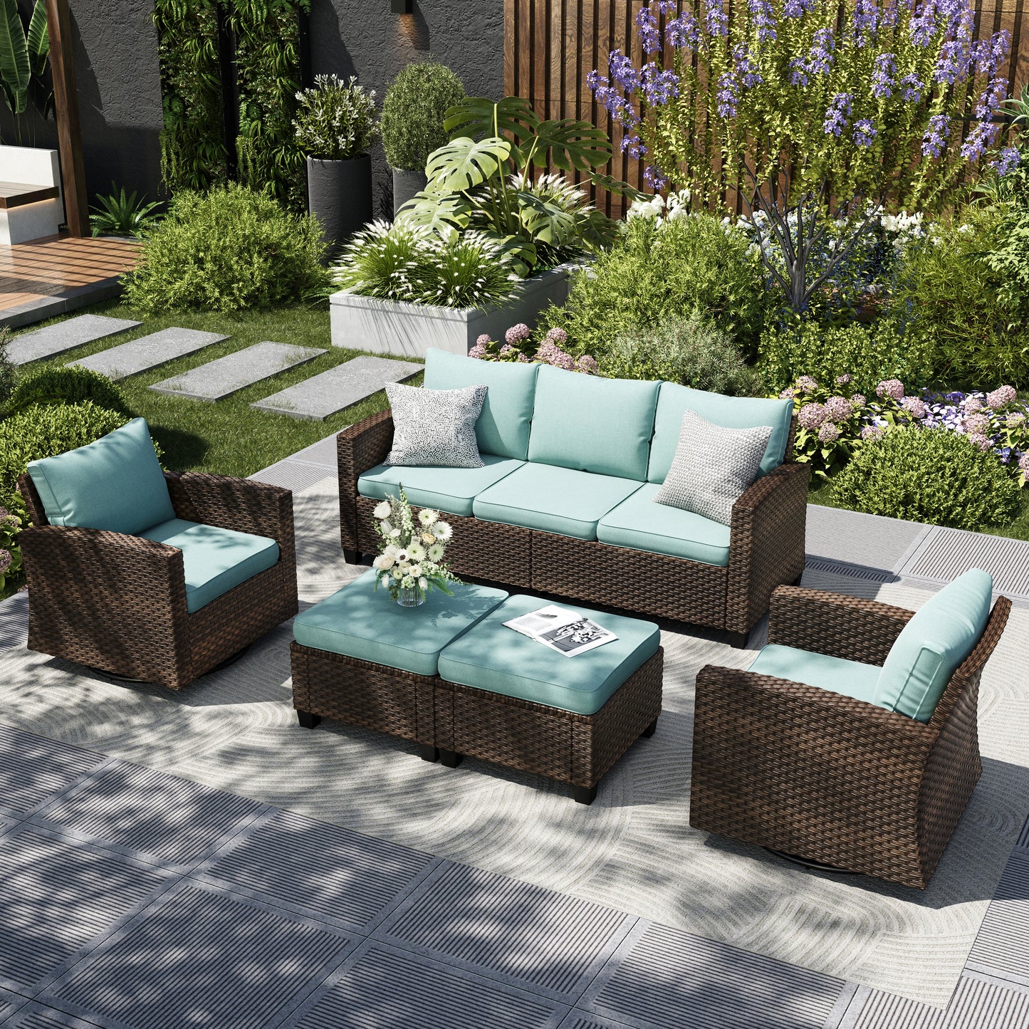 Captiva Designs 5 件套户外露台柳条会客套装，带软垫藤条旋转椅，适用于花园泳池边后院