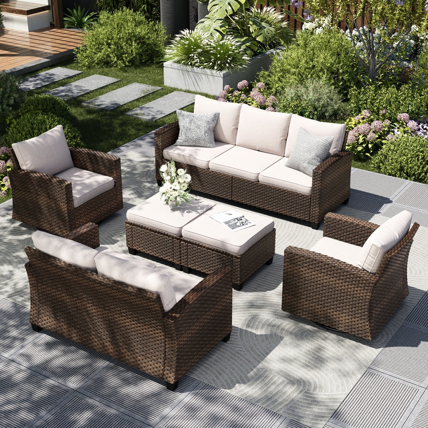 Captiva Designs 6pc Outdoor Patio Wicker Conversation Set with Cushioned Loveseat for Garden Poolside Backyard