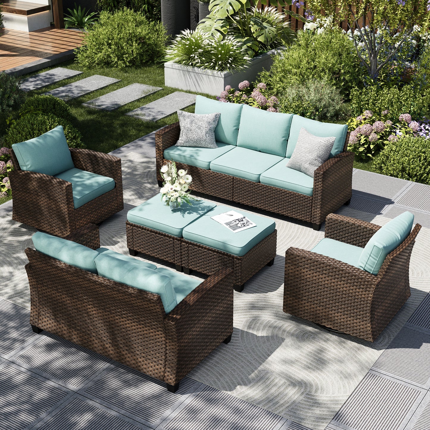 Captiva Designs 6pc Outdoor Patio Wicker Conversation Set with Cushioned Loveseat for Garden Poolside Backyard