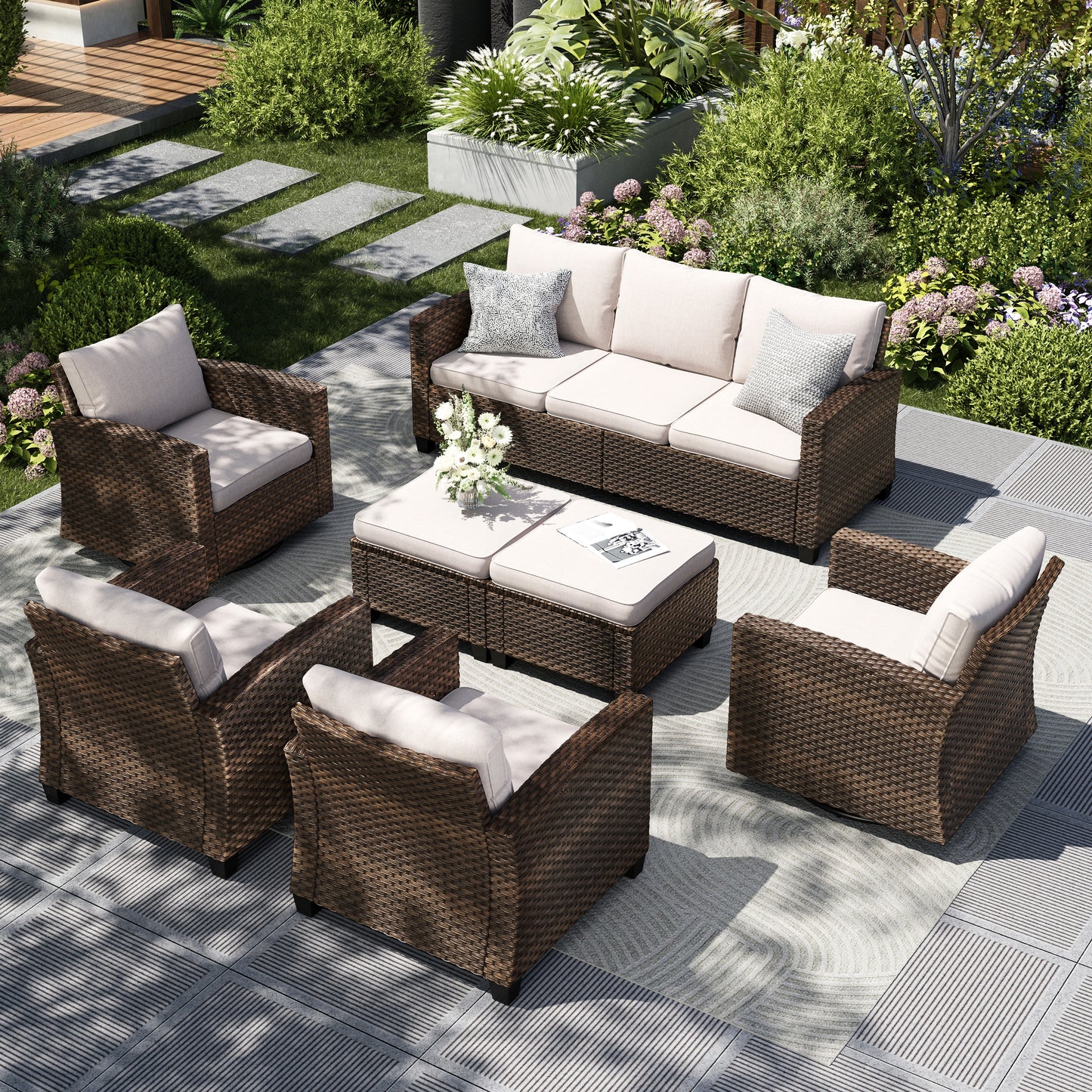 Captiva Designs 7pc Outdoor Patio Wicker Conversation Set with 4Cushioned Single Sofas for Garden Poolside Backyard
