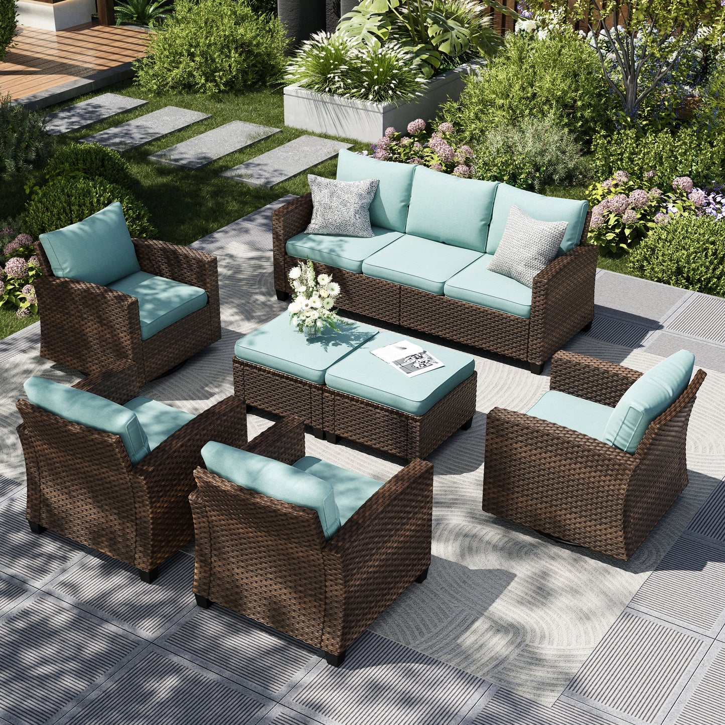 Captiva Designs 7pc Outdoor Patio Wicker Conversation Set with 4Cushioned Single Sofas for Garden Poolside Backyard
