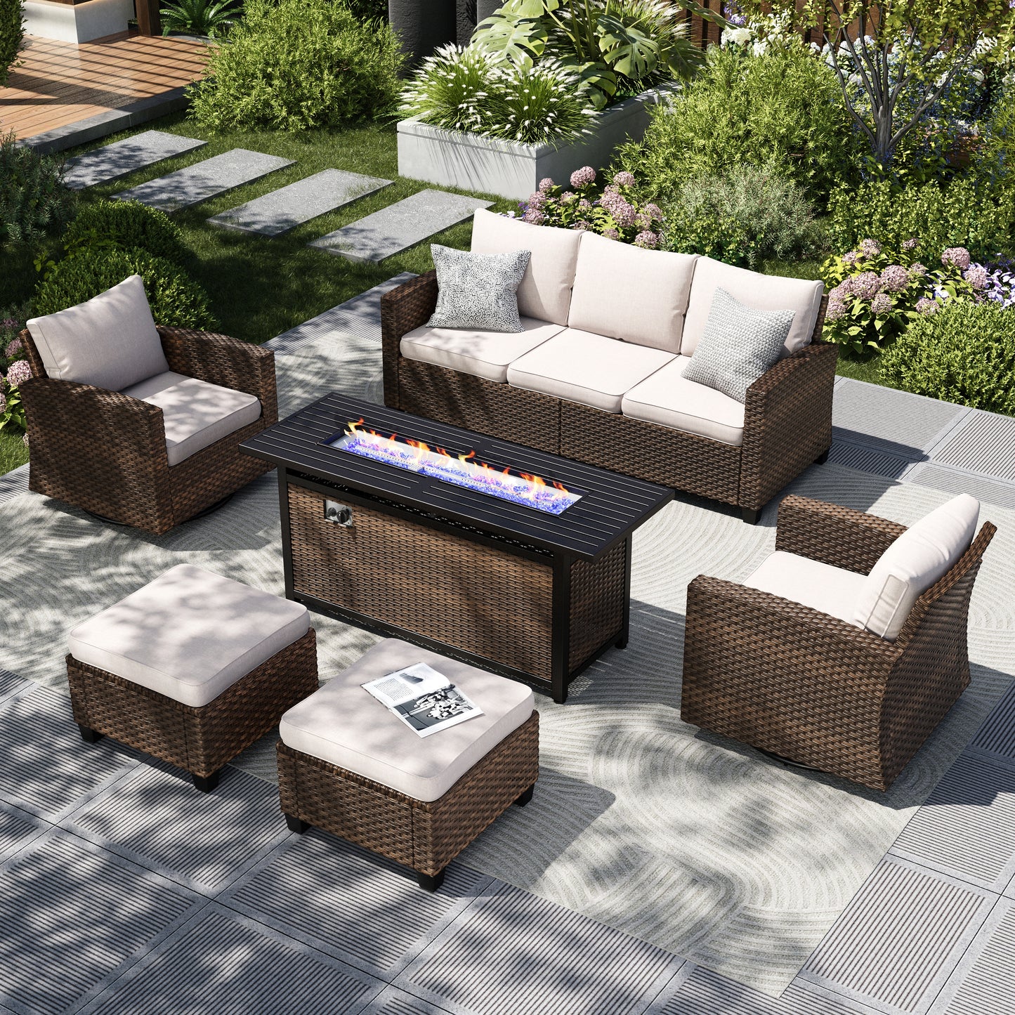 Captiva Designs 6 件套户外露台柳条藤条软垫火坑套装，配有脚凳和扶手椅