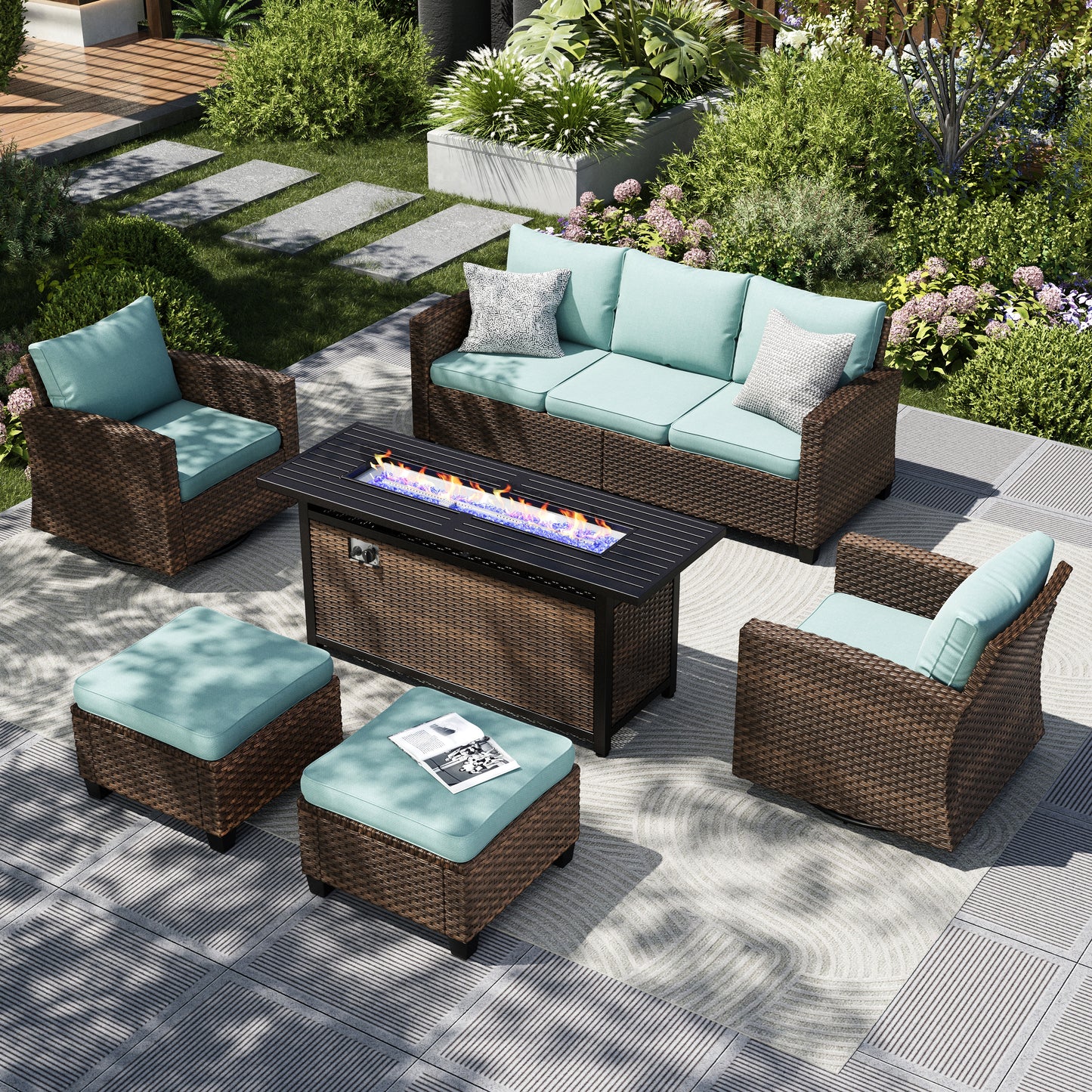 Captiva Designs 6 件套户外露台柳条藤条软垫火坑套装，配有脚凳和扶手椅