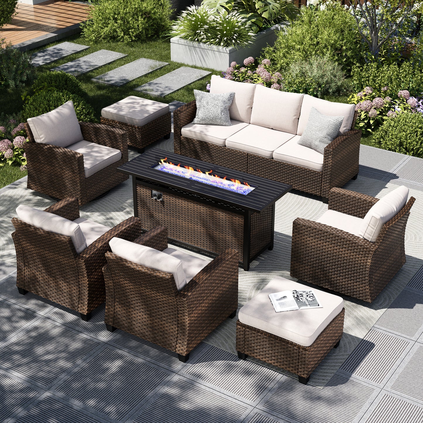 Captiva Designs 8pc Outdoor Patio Wicker Rattan Cushioned Sofa Fire Pit Set with Ottomans and Single Sofas