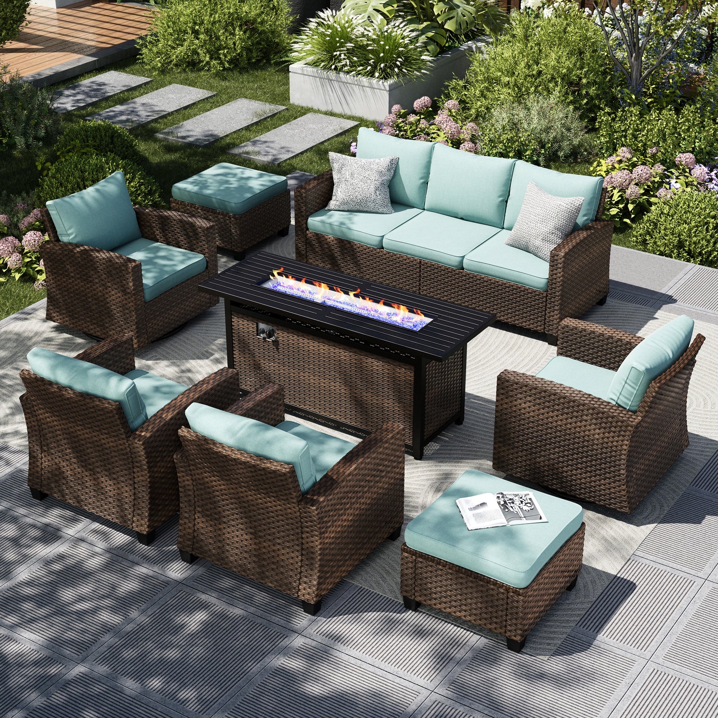 Captiva Designs 8pc Outdoor Patio Wicker Rattan Cushioned Sofa Fire Pit Set with Ottomans and Single Sofas