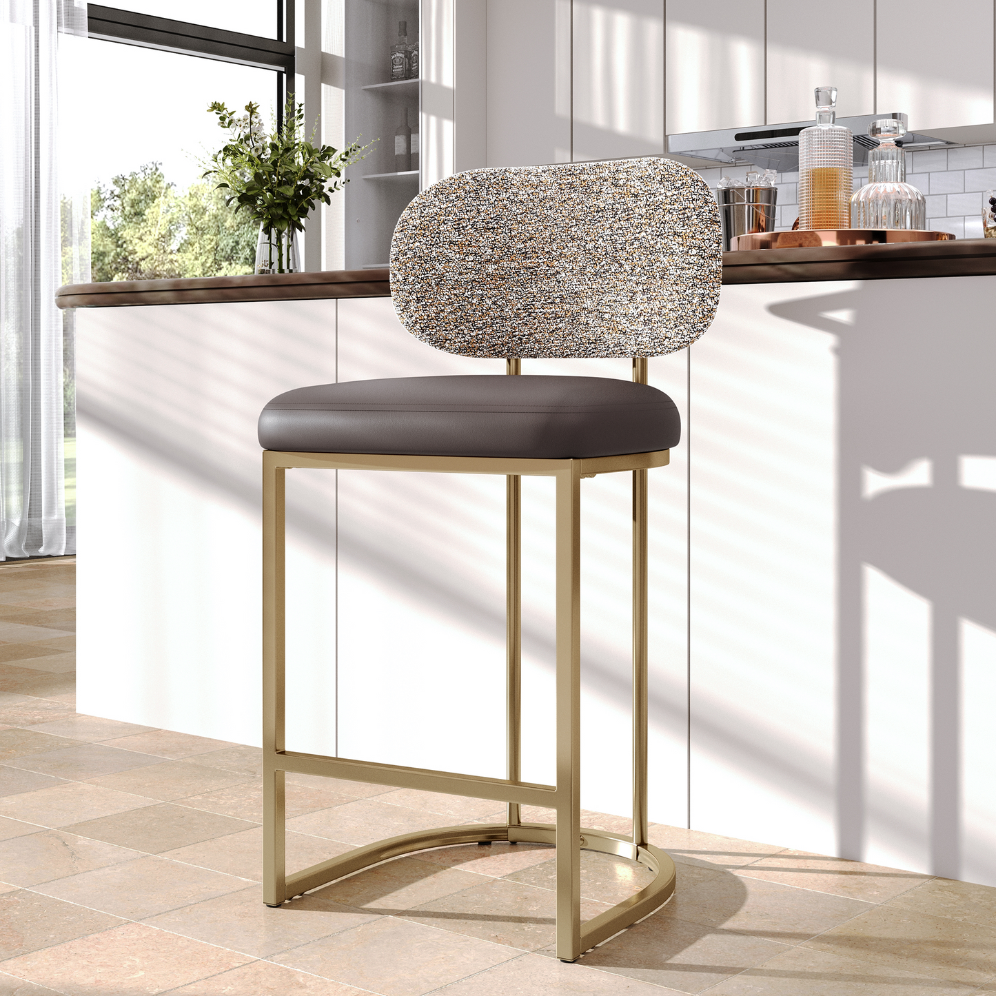 Captiva Designs 24.8 inch Counter Height Bar Stool with Large Chenille Back & PU Leather Seat & Footrest & Adjustable Foot Pad & Sturdy Steel Frame