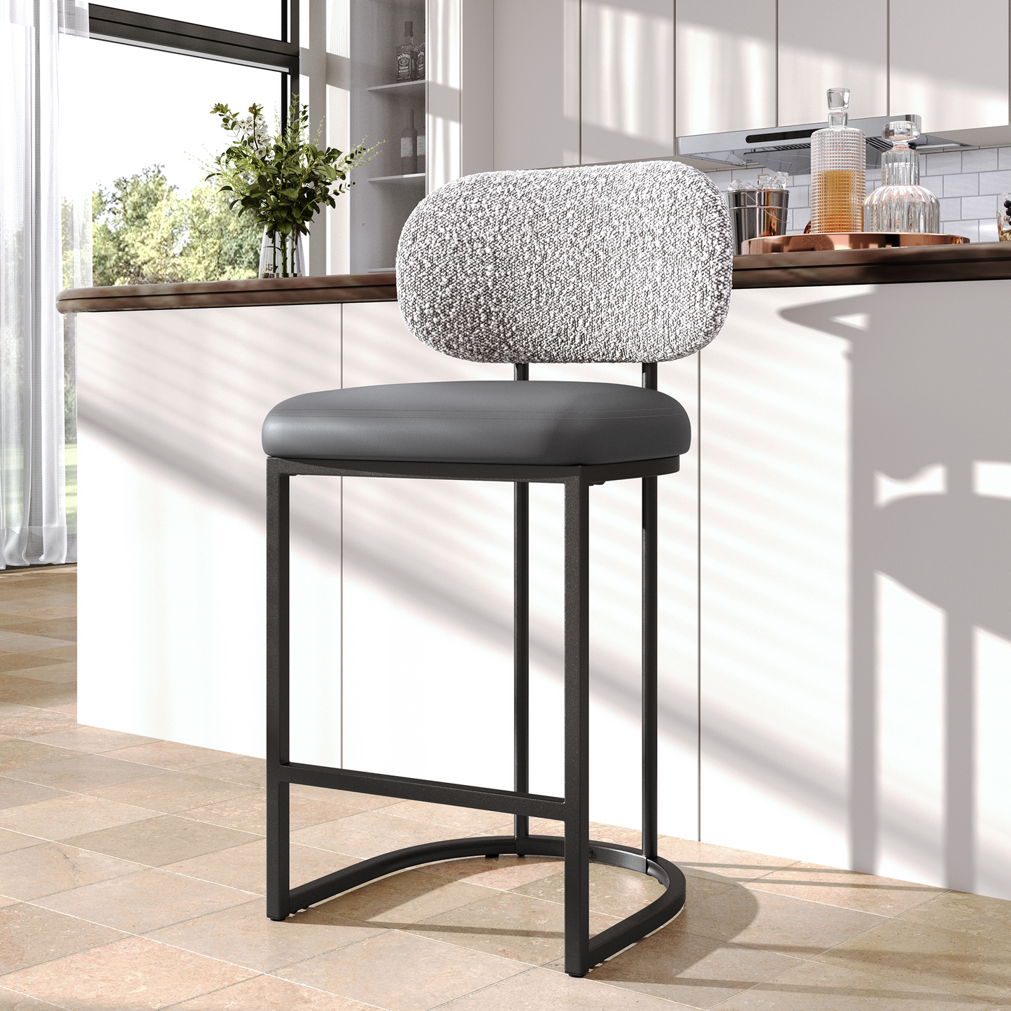 Captiva Designs 24.8 inch Counter Height Bar Stool with Large Chenille Back & PU Leather Seat & Footrest & Adjustable Foot Pad & Sturdy Steel Frame