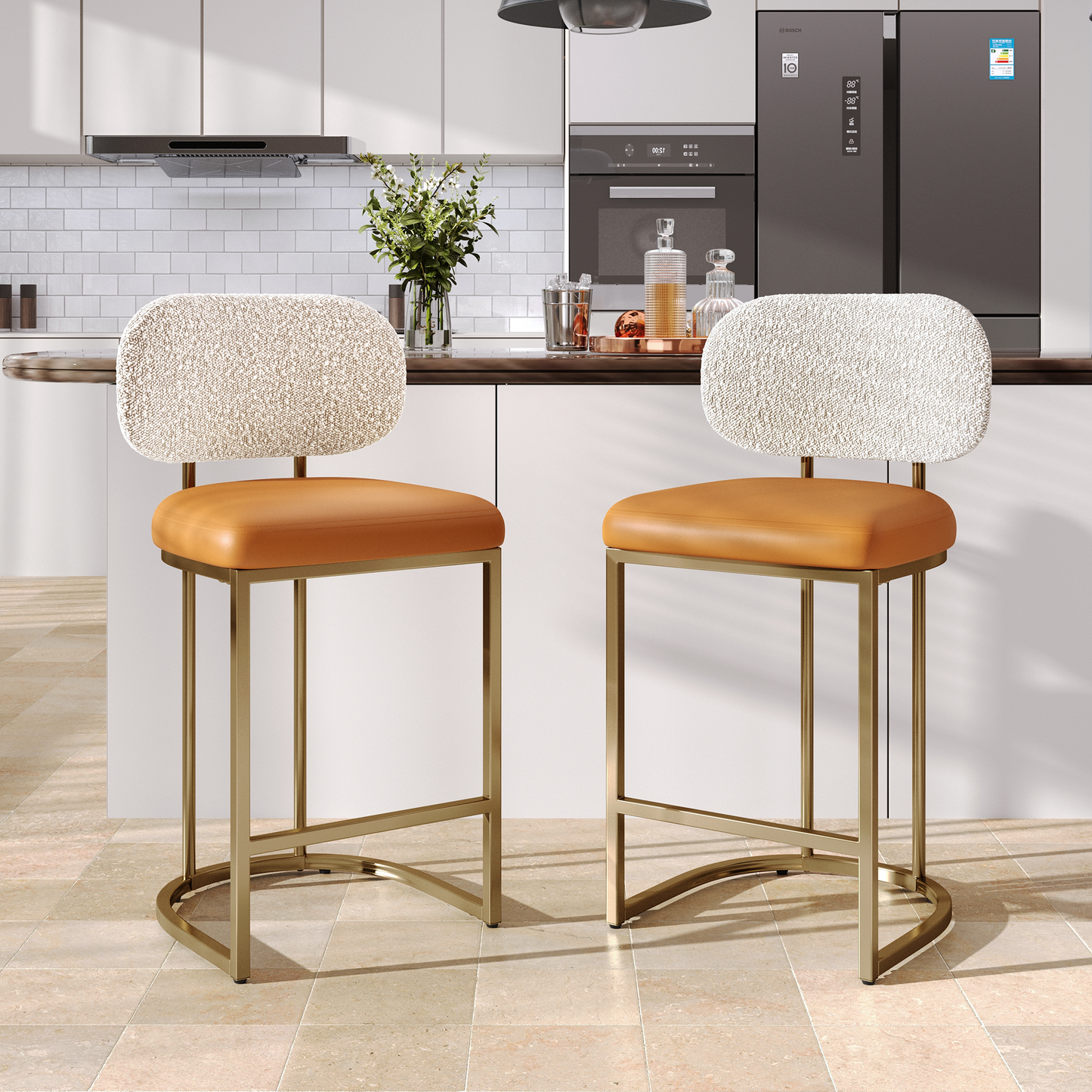 Captiva Designs 24.8 inch Counter Height Bar Stool with Large Chenille Back & PU Leather Seat & Footrest & Adjustable Foot Pad & Sturdy Steel Frame