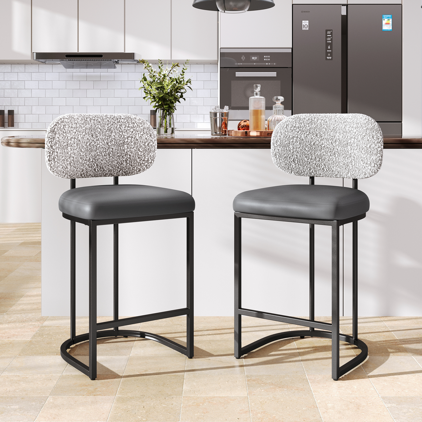 Captiva Designs 24.8 inch Counter Height Bar Stool with Large Chenille Back & PU Leather Seat & Footrest & Adjustable Foot Pad & Sturdy Steel Frame