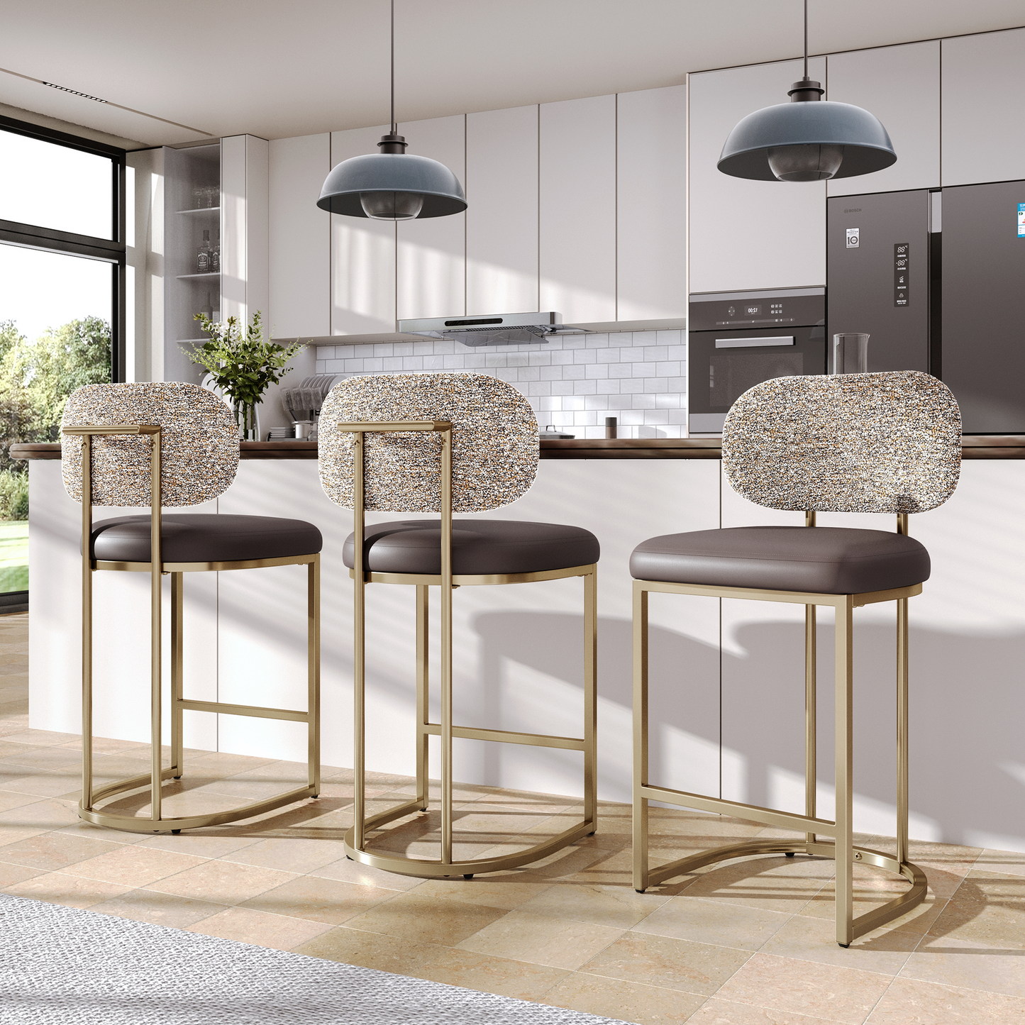 Captiva Designs 24.8 inch Counter Height Bar Stool with Large Chenille Back & PU Leather Seat & Footrest & Adjustable Foot Pad & Sturdy Steel Frame