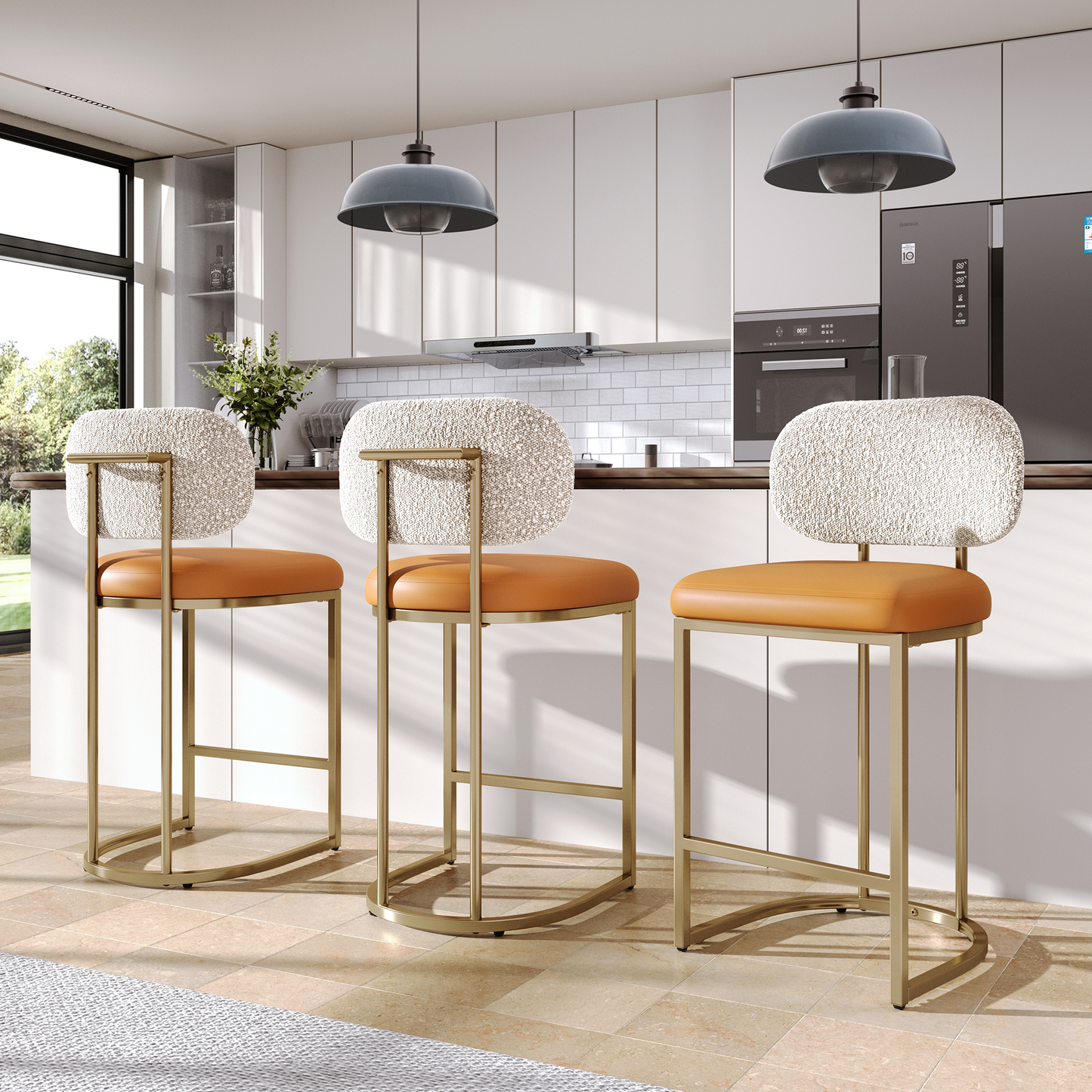 Captiva Designs 24.8 inch Counter Height Bar Stool with Large Chenille Back & PU Leather Seat & Footrest & Adjustable Foot Pad & Sturdy Steel Frame