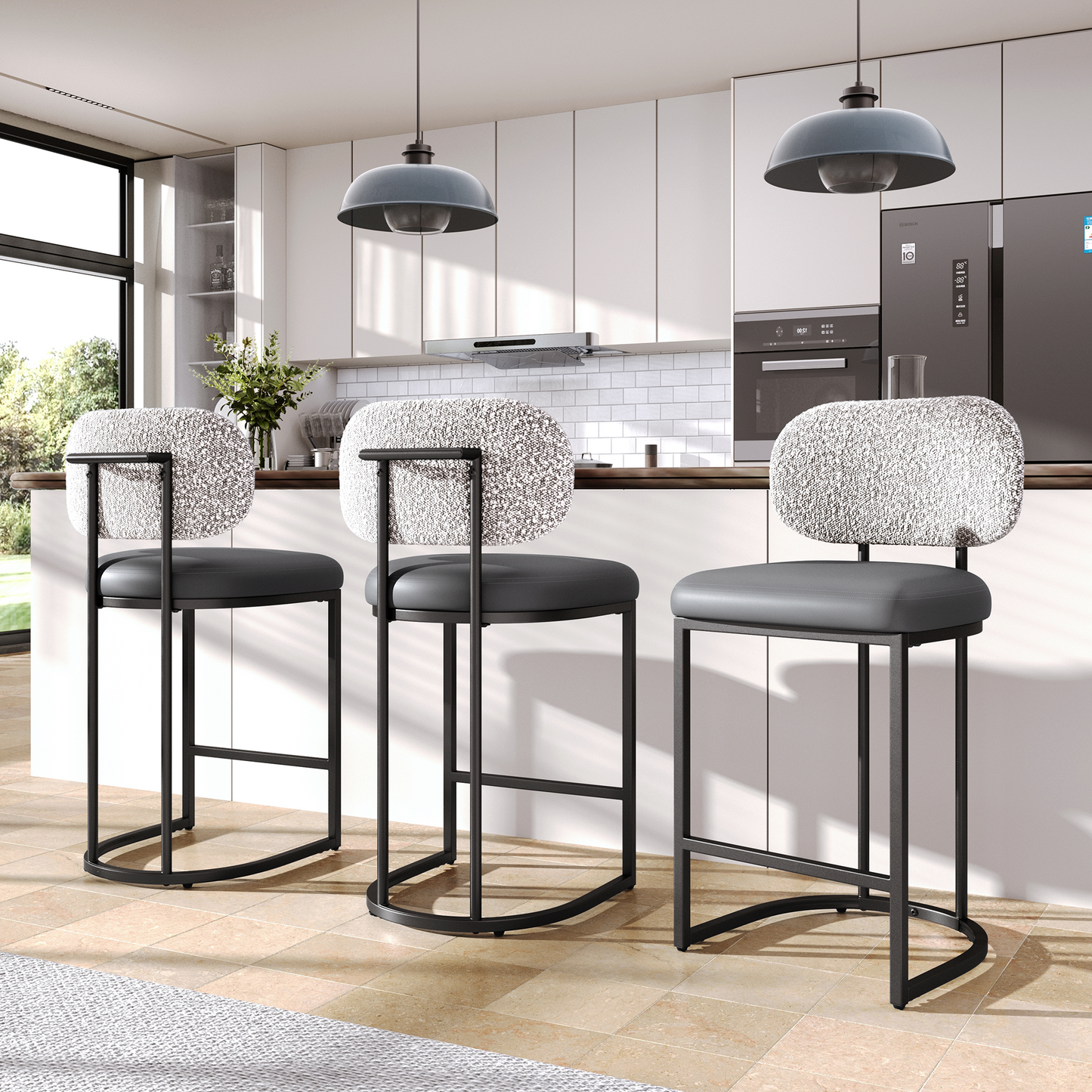 Captiva Designs 24.8 inch Counter Height Bar Stool with Large Chenille Back & PU Leather Seat & Footrest & Adjustable Foot Pad & Sturdy Steel Frame