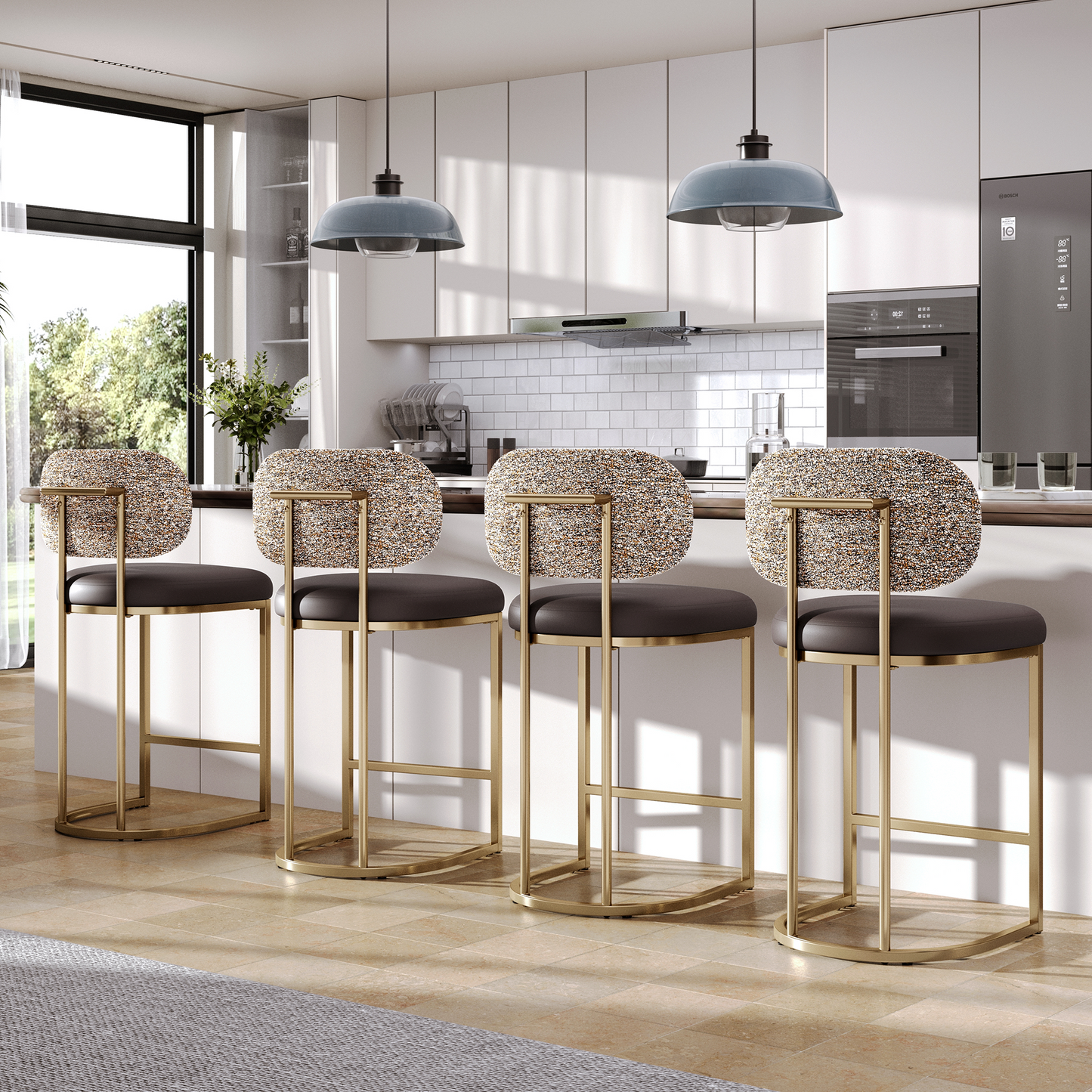 Captiva Designs 24.8 inch Counter Height Bar Stool with Large Chenille Back & PU Leather Seat & Footrest & Adjustable Foot Pad & Sturdy Steel Frame