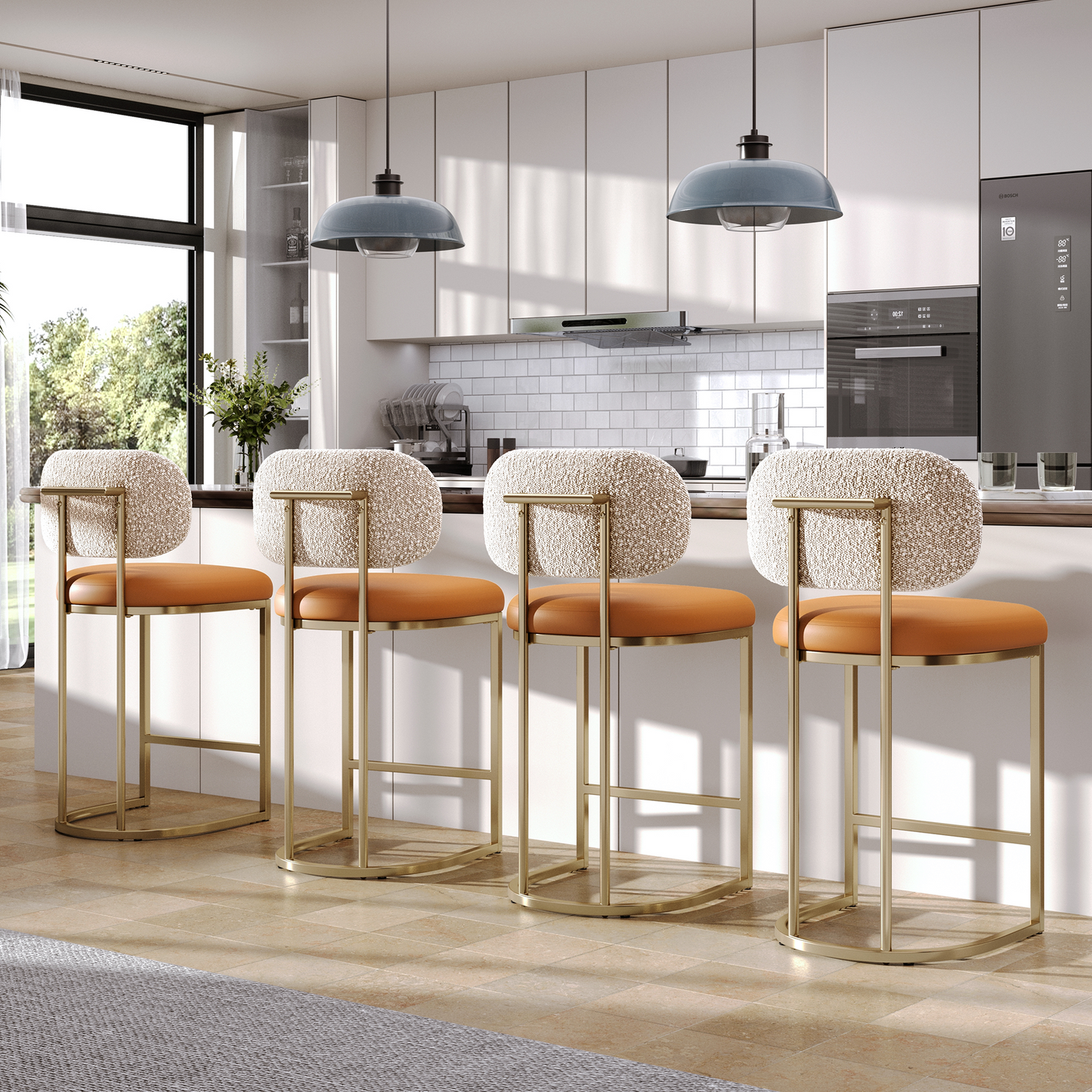 Captiva Designs 24.8 inch Counter Height Bar Stool with Large Chenille Back & PU Leather Seat & Footrest & Adjustable Foot Pad & Sturdy Steel Frame