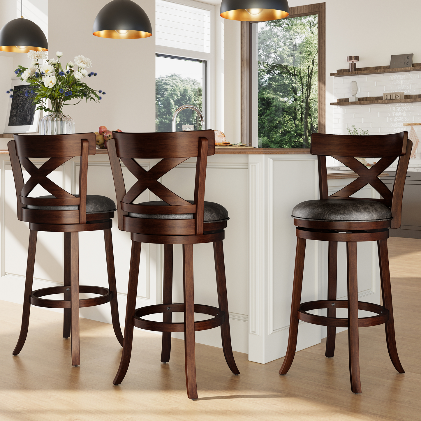 Captiva Designs Counter & Bar Height Swivel Bar Stools with Faux Leather Upholstered Seat & Rubberwood Frame & Wrap-Around Footrest