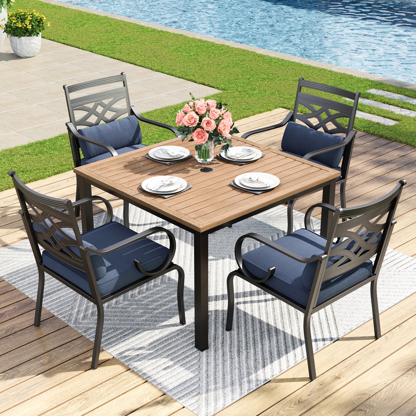 Captiva Designs 5pc Outdoor Slat-top Dining Table with Umbrella Hole and Metal Chairs with Seat Cushion & Waist Pillow