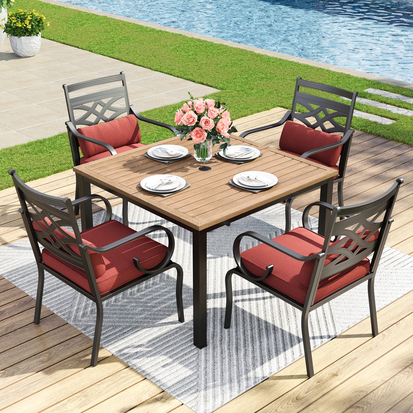 Captiva Designs 5pc Outdoor Slat-top Dining Table with Umbrella Hole and Metal Chairs with Seat Cushion & Waist Pillow