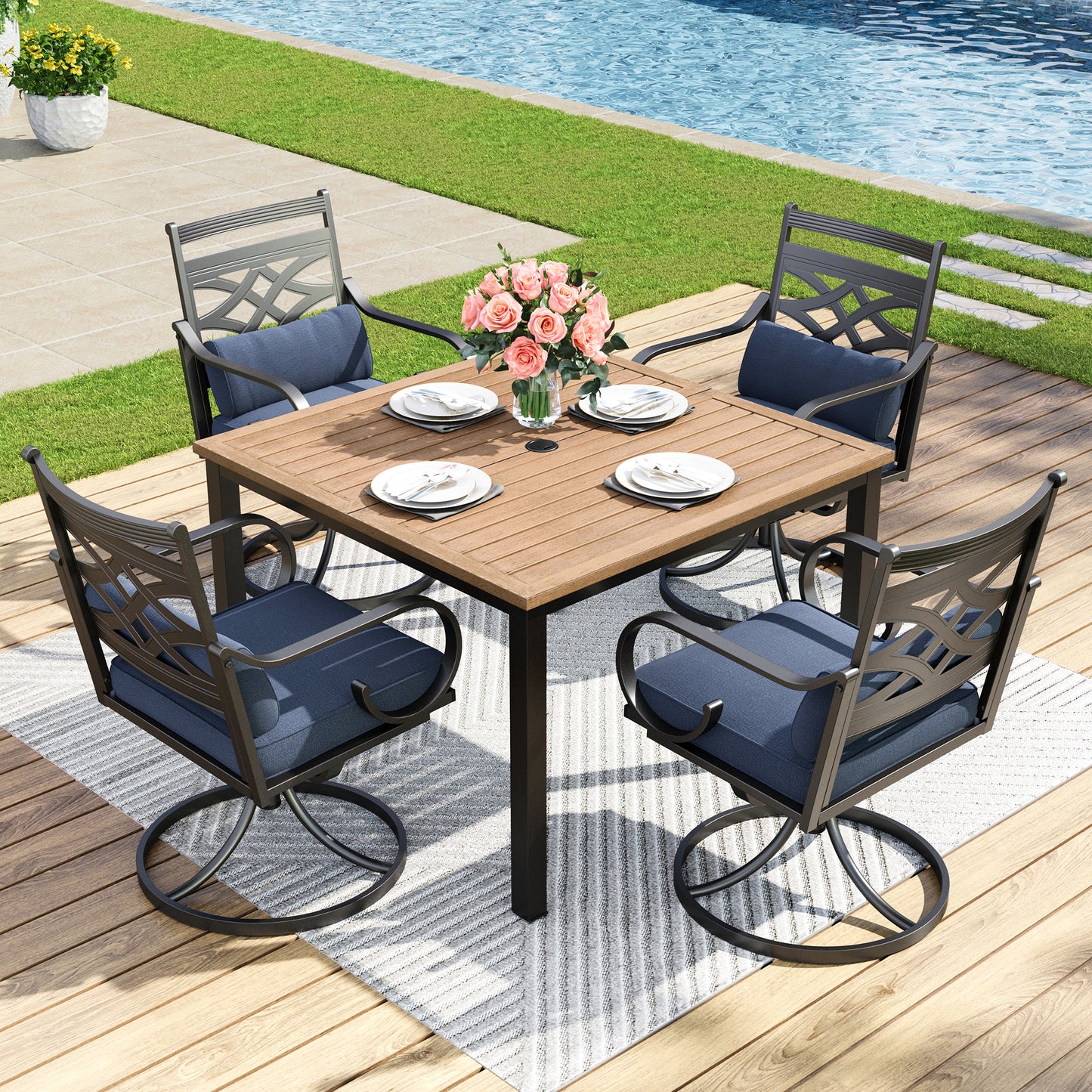 Captiva Designs 5pc Outdoor Slat-top Dining Table with Umbrella Hole and Metal Chairs with Seat Cushion & Waist Pillow