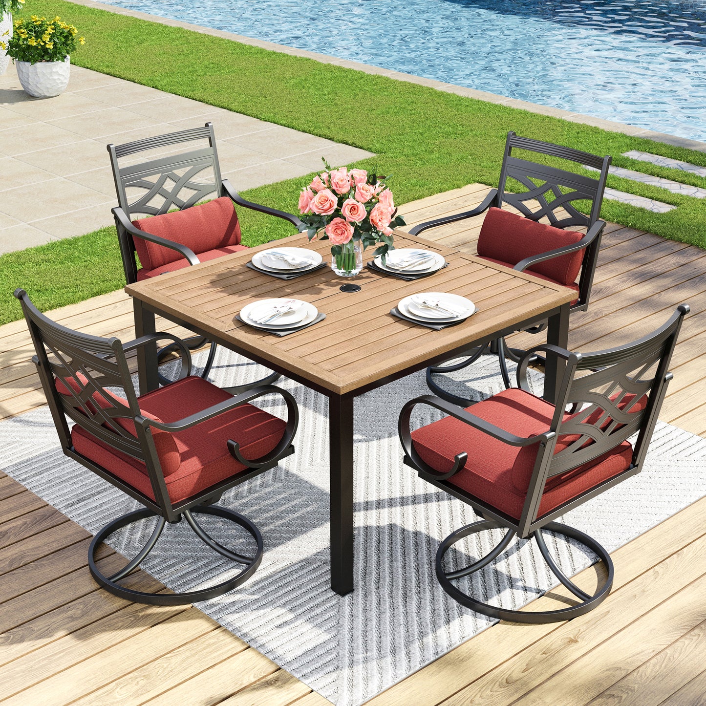 Captiva Designs 5pc Outdoor Slat-top Dining Table with Umbrella Hole and Metal Chairs with Seat Cushion & Waist Pillow