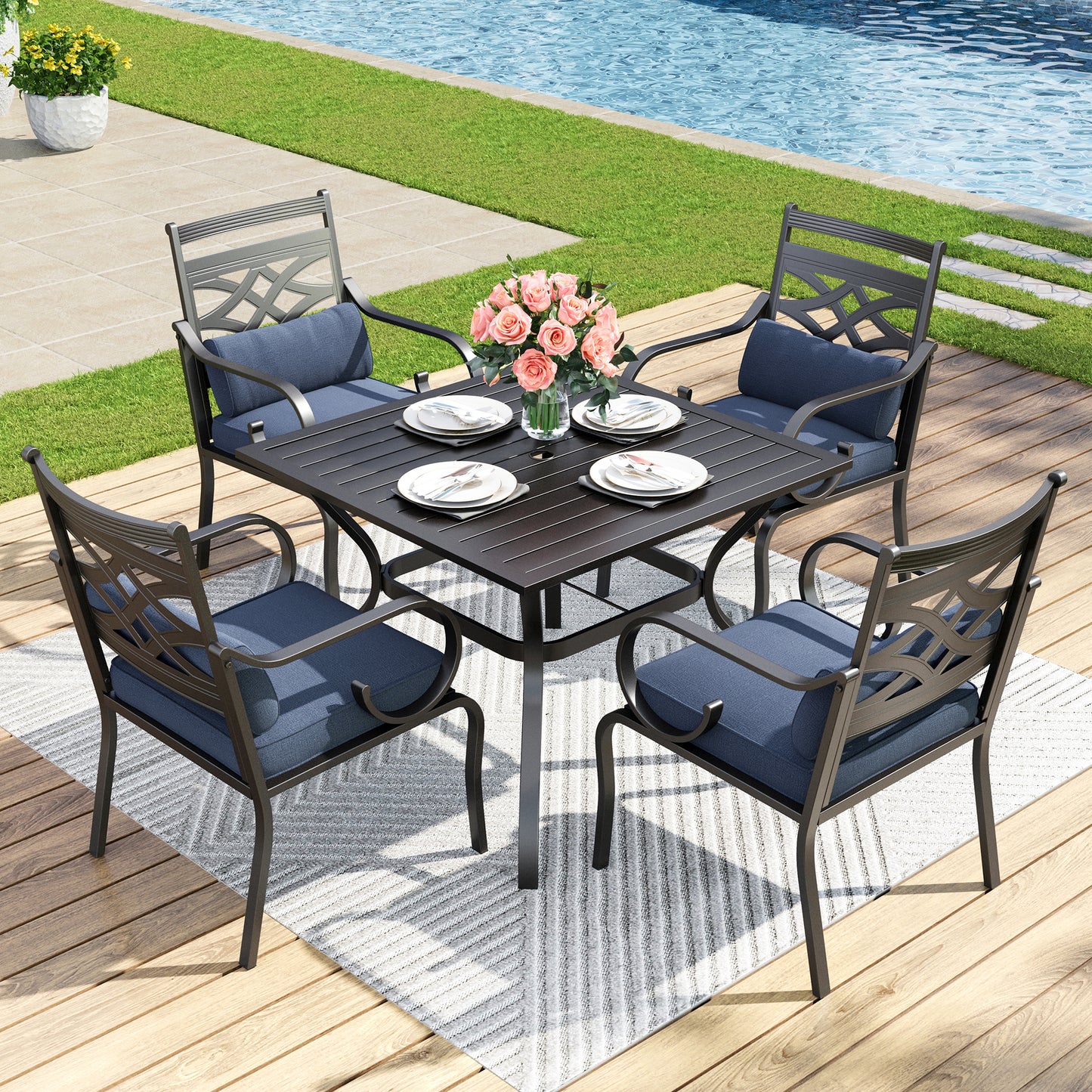 Captiva Designs 5pc Outdoor Slat-top Dining Table with Umbrella Hole and Metal Chairs with Seat Cushion & Waist Pillow