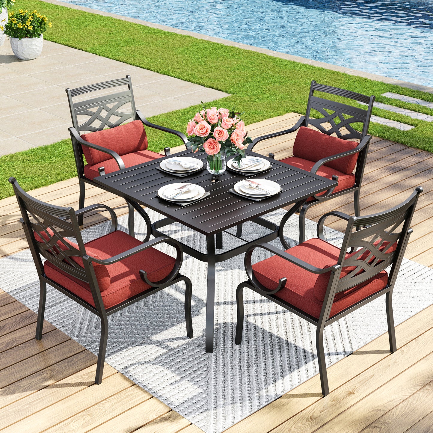 Captiva Designs 5pc Outdoor Slat-top Dining Table with Umbrella Hole and Metal Chairs with Seat Cushion & Waist Pillow