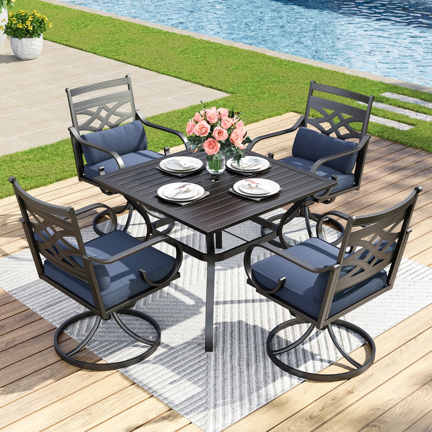 Captiva Designs 5pc Outdoor Slat-top Dining Table with Umbrella Hole and Metal Chairs with Seat Cushion & Waist Pillow