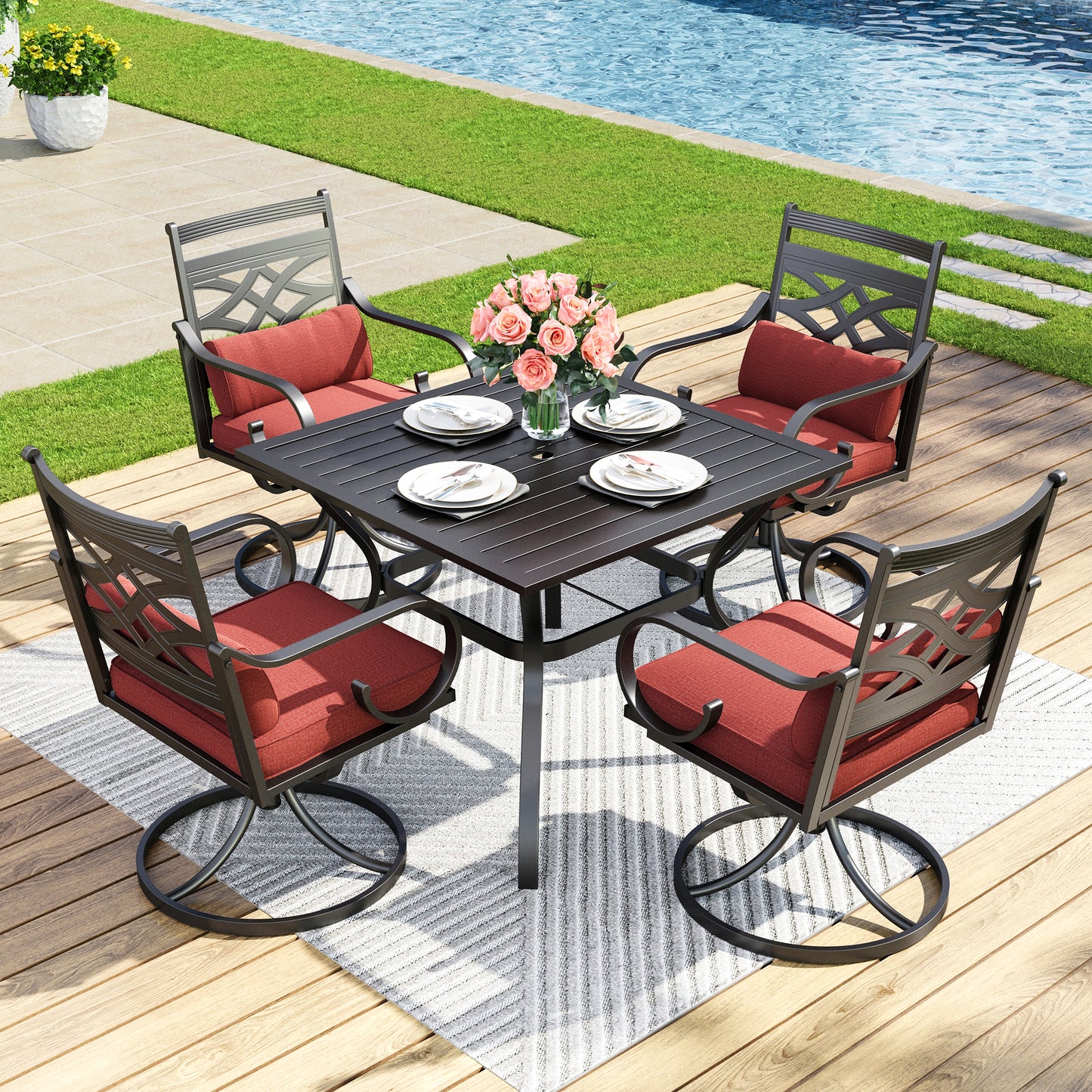 Captiva Designs 5pc Outdoor Slat-top Dining Table with Umbrella Hole and Metal Chairs with Seat Cushion & Waist Pillow