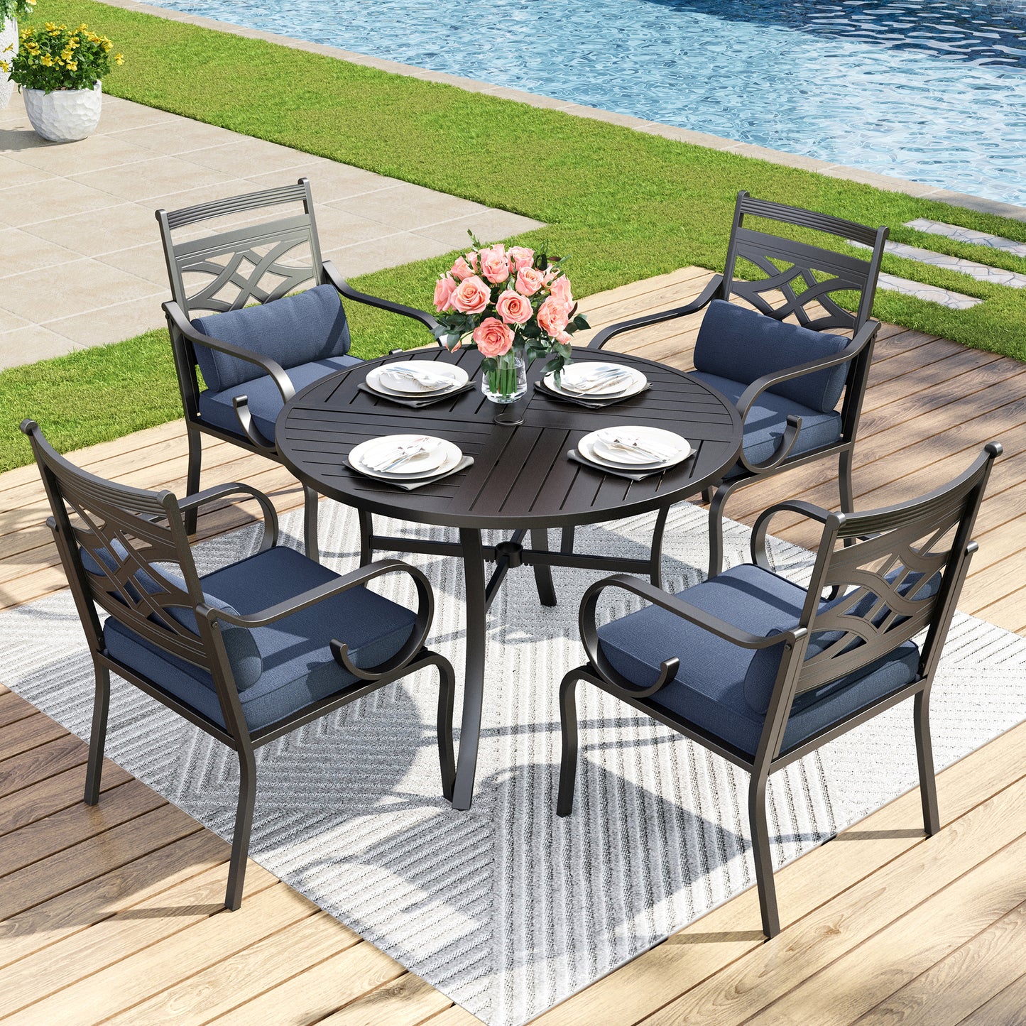 Captiva Designs 5pc Outdoor Slat-top Dining Table with Umbrella Hole and Metal Chairs with Seat Cushion & Waist Pillow