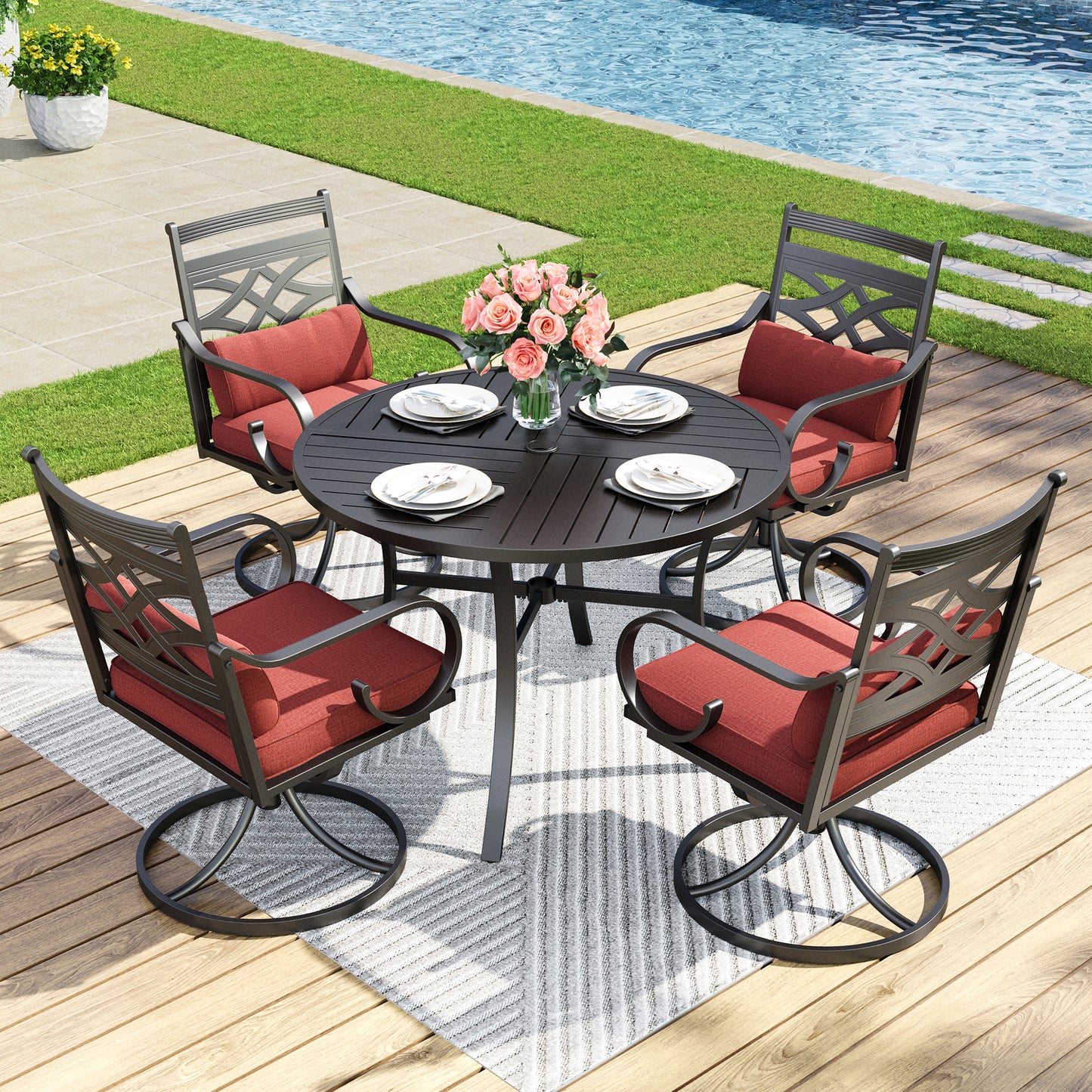 Captiva Designs 5pc Outdoor Slat-top Dining Table with Umbrella Hole and Metal Chairs with Seat Cushion & Waist Pillow