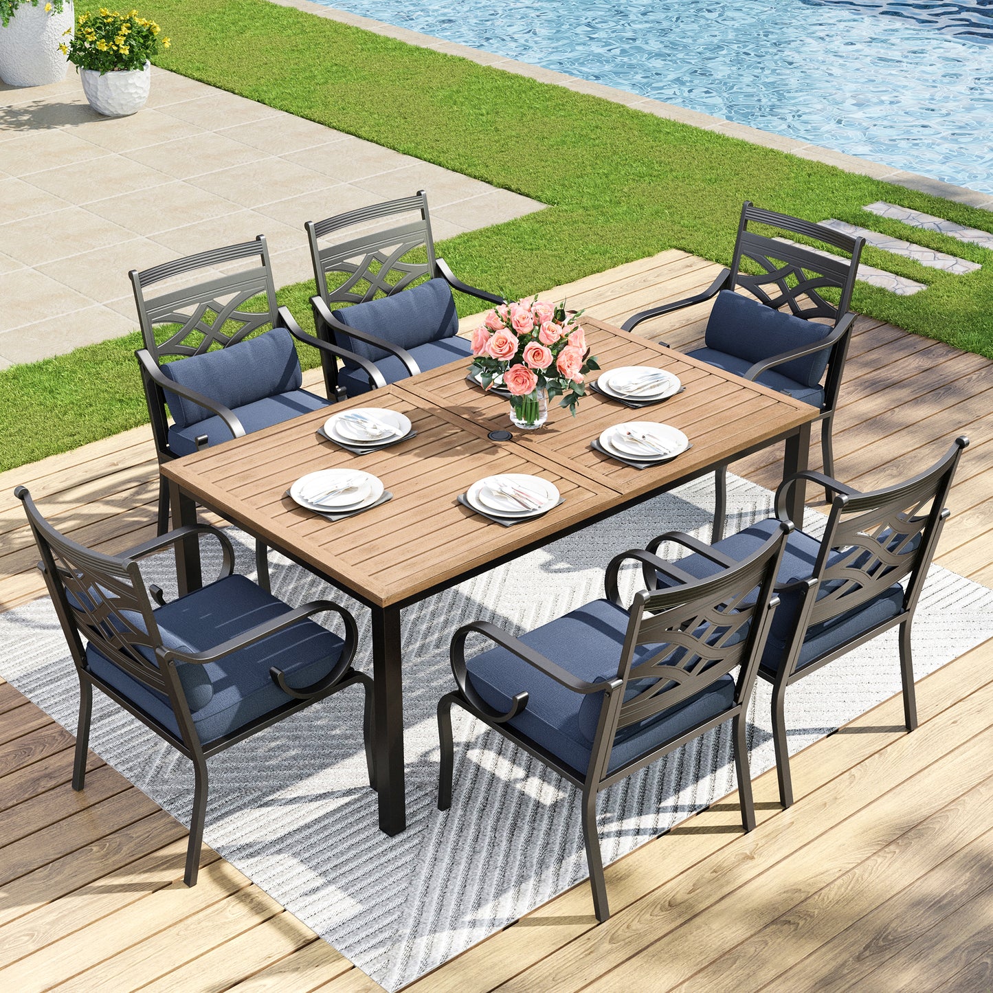 Captiva Designs 7pc Patio Dining Rectangular Table with Umbrella Hole and Metal Chairs with Seat Cushion & Waist Pillow
