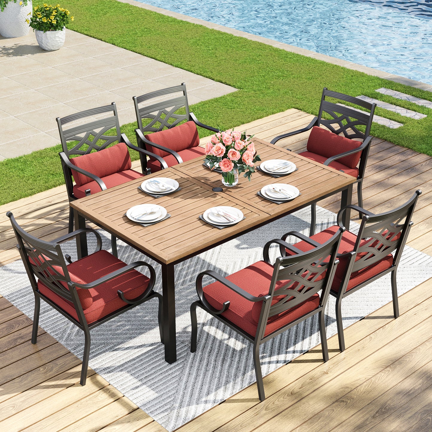 Captiva Designs 7pc Patio Dining Rectangular Table with Umbrella Hole and Metal Chairs with Seat Cushion & Waist Pillow