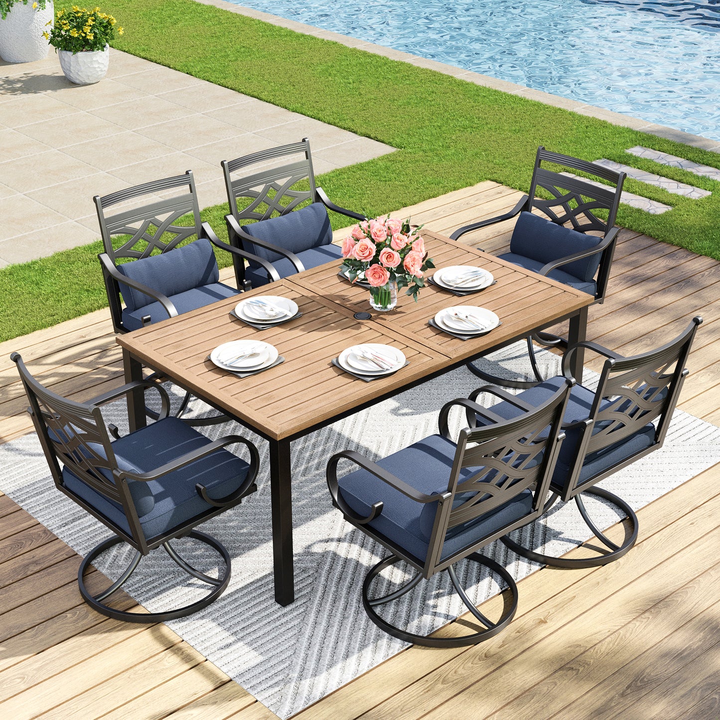 Captiva Designs 7pc Patio Dining Rectangular Table with Umbrella Hole and Metal Chairs with Seat Cushion & Waist Pillow