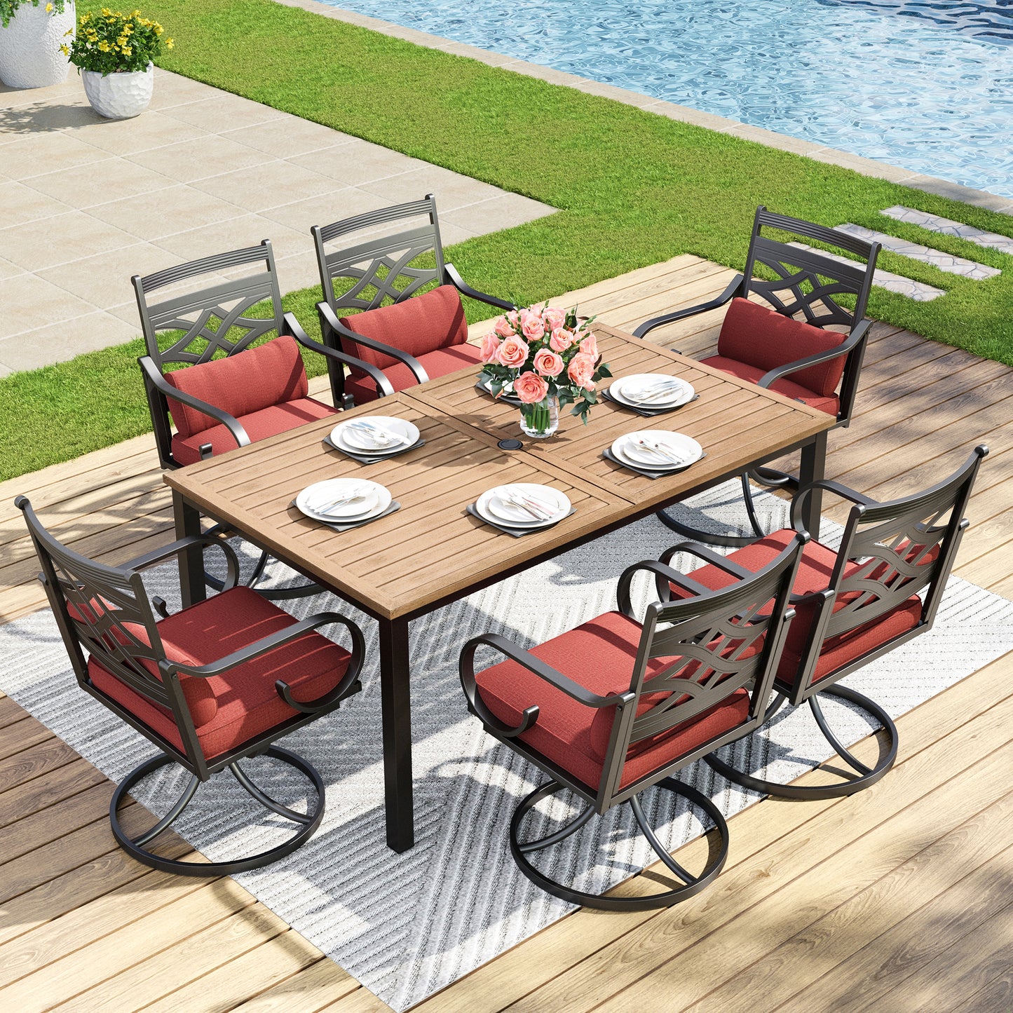 Captiva Designs 7pc Patio Dining Rectangular Table with Umbrella Hole and Metal Chairs with Seat Cushion & Waist Pillow
