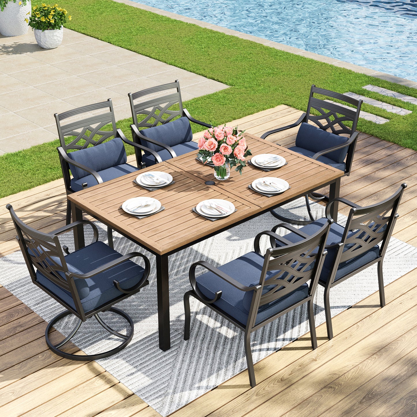 Captiva Designs 7pc Patio Dining Rectangular Table with Umbrella Hole and Metal Chairs with Seat Cushion & Waist Pillow