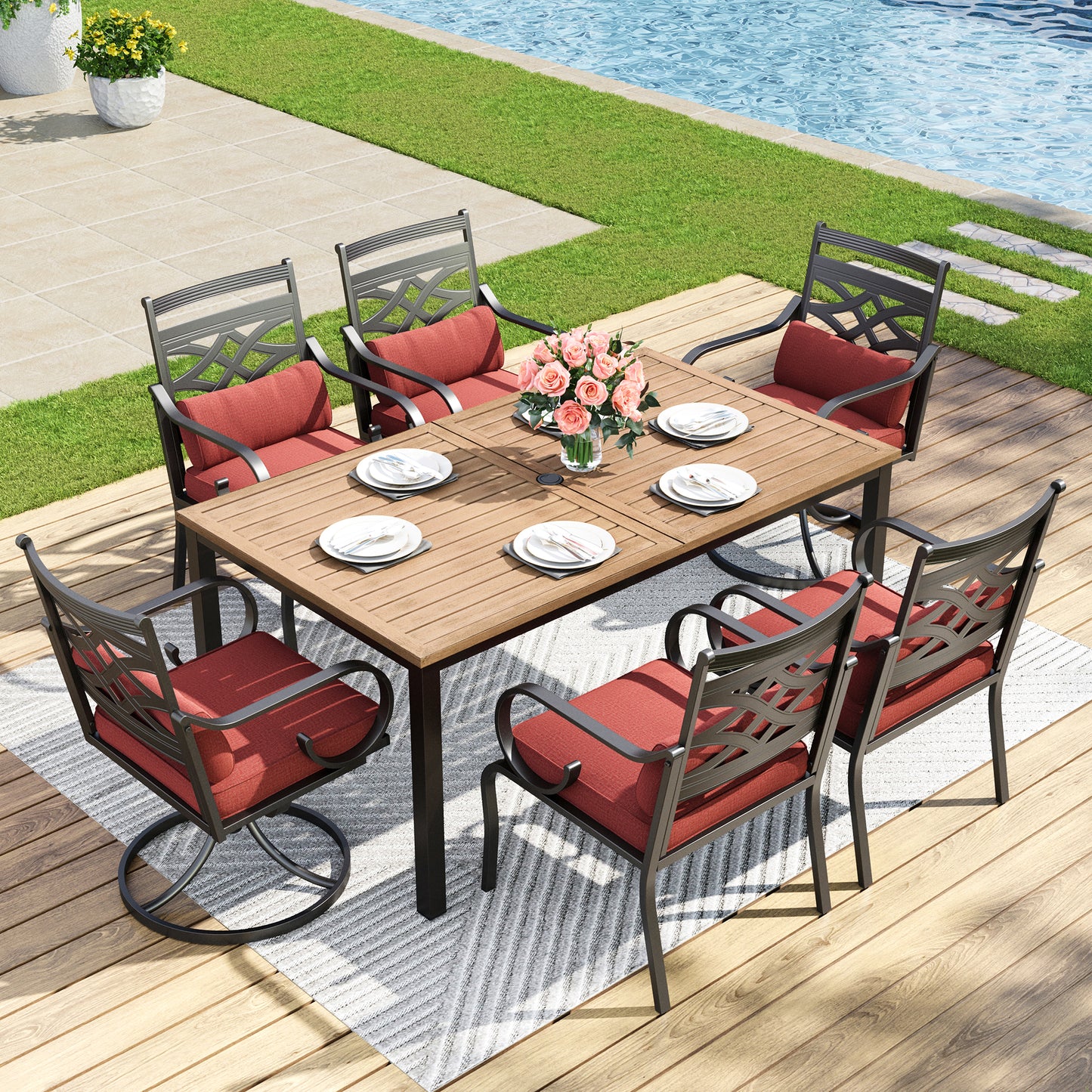 Captiva Designs 7pc Patio Dining Rectangular Table with Umbrella Hole and Metal Chairs with Seat Cushion & Waist Pillow