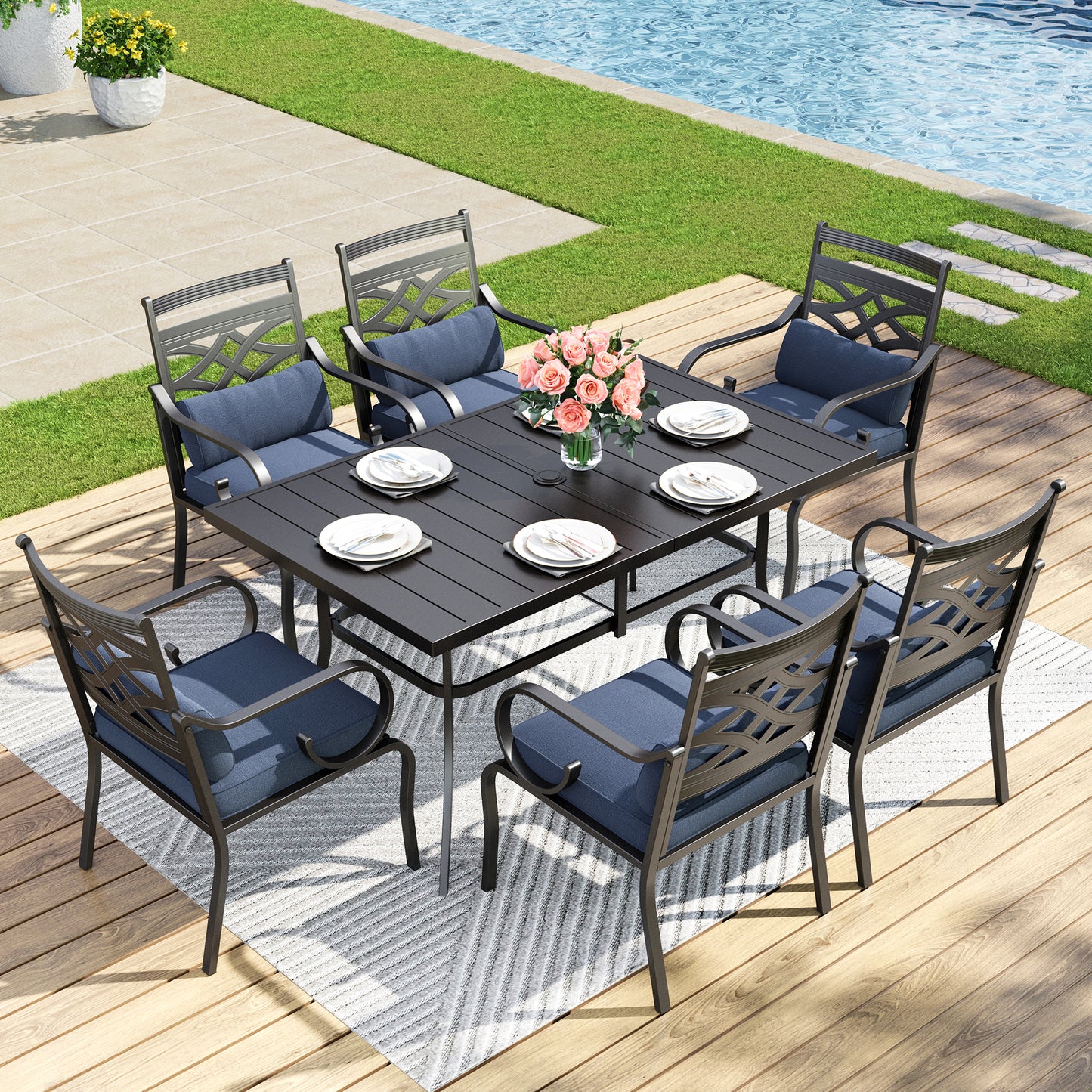 Captiva Designs 7pc Patio Dining Rectangular Table with Umbrella Hole and Metal Chairs with Seat Cushion & Waist Pillow