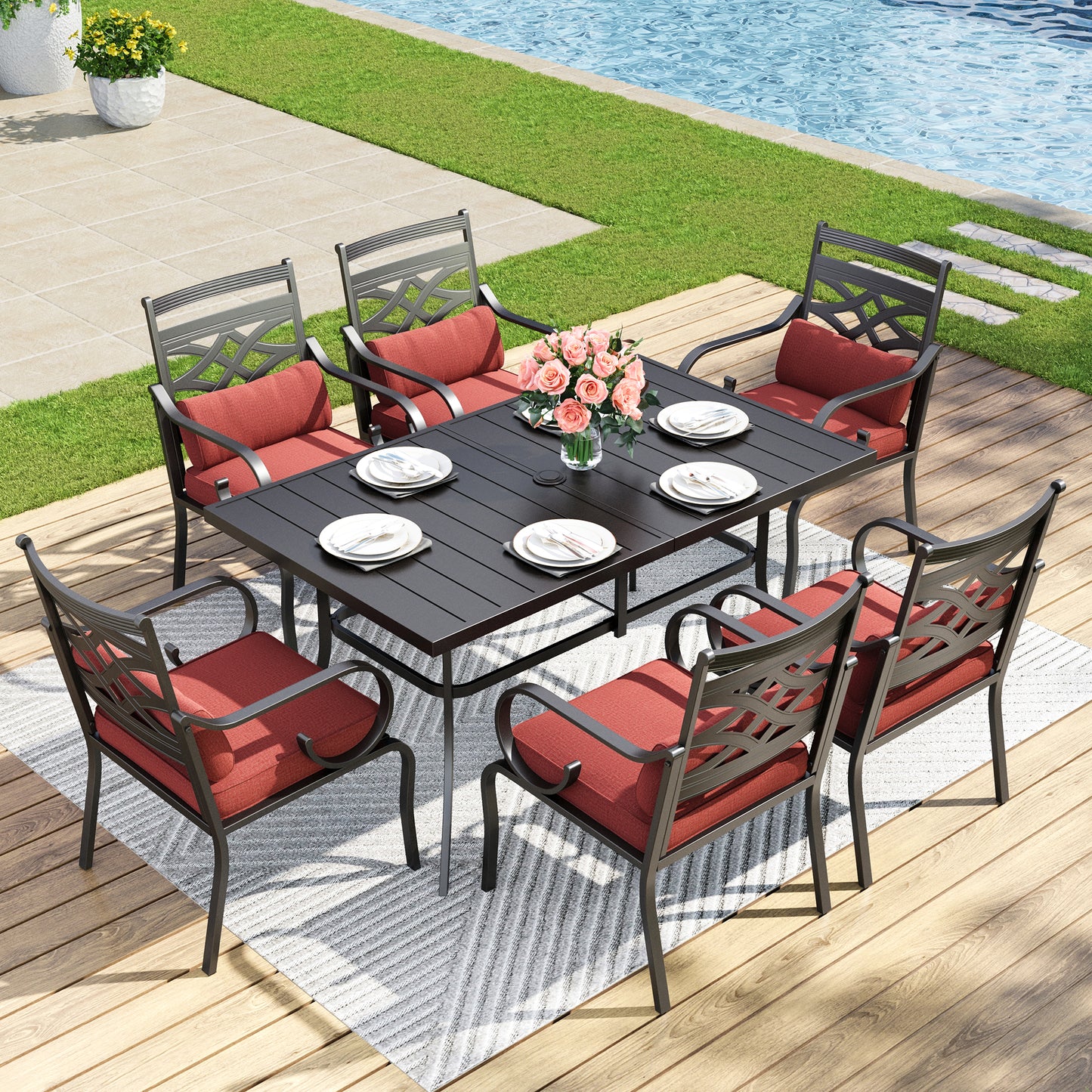 Captiva Designs 7pc Patio Dining Rectangular Table with Umbrella Hole and Metal Chairs with Seat Cushion & Waist Pillow